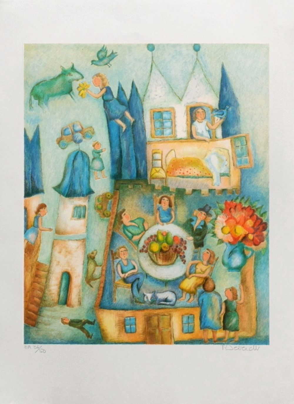 Lithographie signée Françoise Deberdt, Déjeuner à Chamblanc, 1990