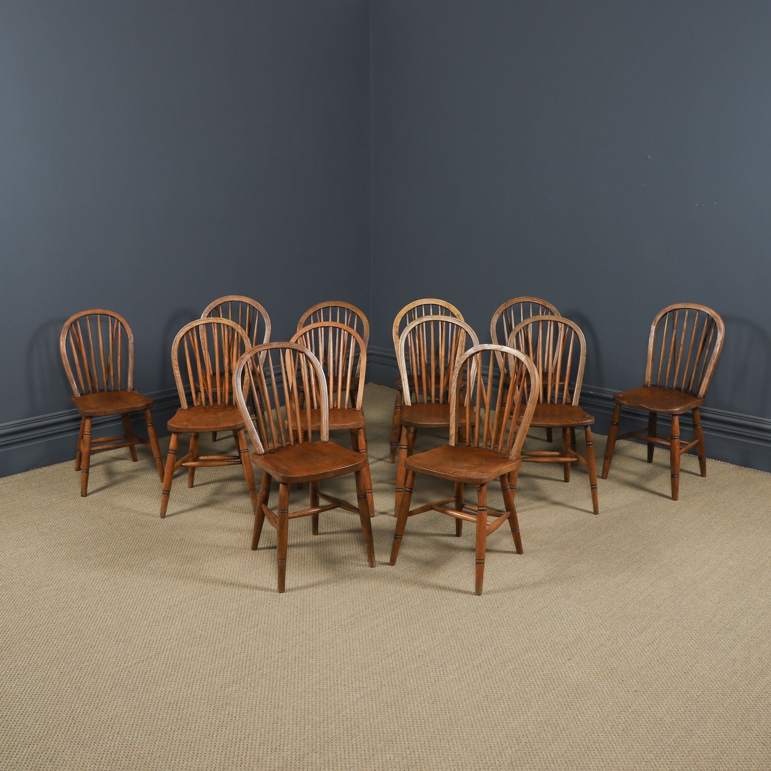 Set Of Twelve Ash & Elm Windsor Hoop & Stick Back Kitchen Chairs (Circa 1910) photo furniture