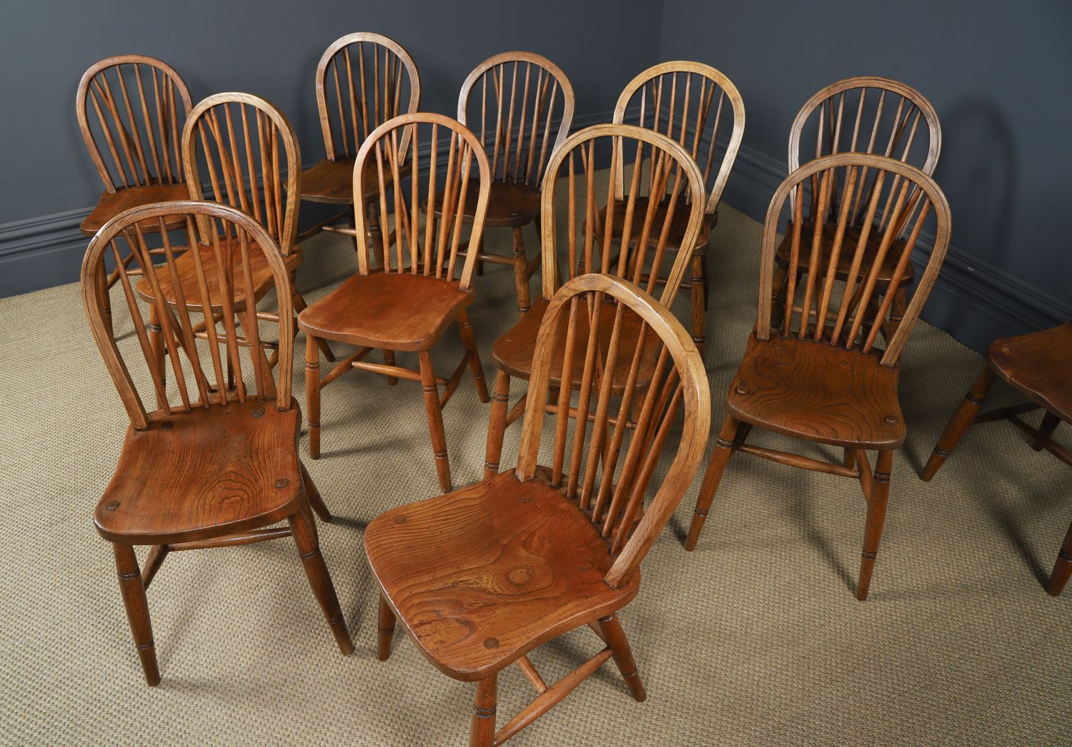 photo furniture Set Of Twelve Ash & Elm Windsor Hoop & Stick Back Kitchen Chairs (Circa 1910)