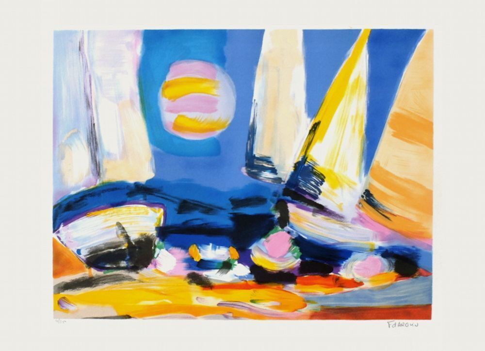 Lithographie signée François D'Arguin, Régates et soleil, 1992