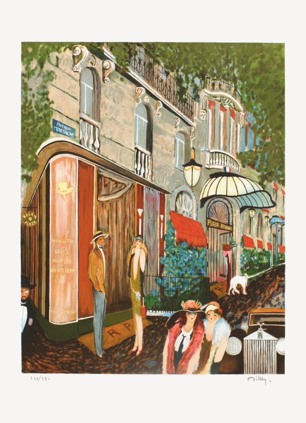 Lithographie signée Ramon Dilley, Plaza Athénée Avenue Montaigne Paris, 1990