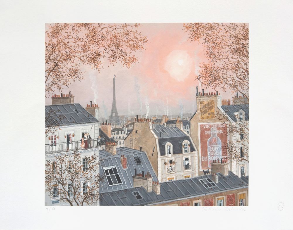 Estampe pigmentaire d'archives signée Fabienne Delacroix, Paris, Ciel Rose En Hiver, 2024