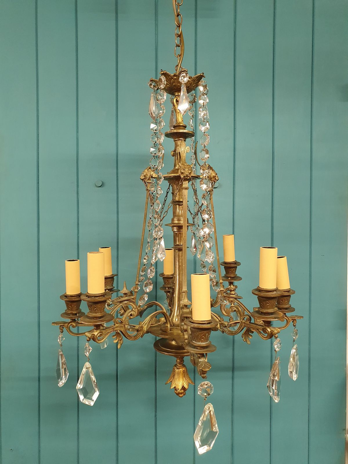 Circa 1900 Eight Arm Brass & Cut Glass Crystal Chandelier With Lion Masks 21" photo buy