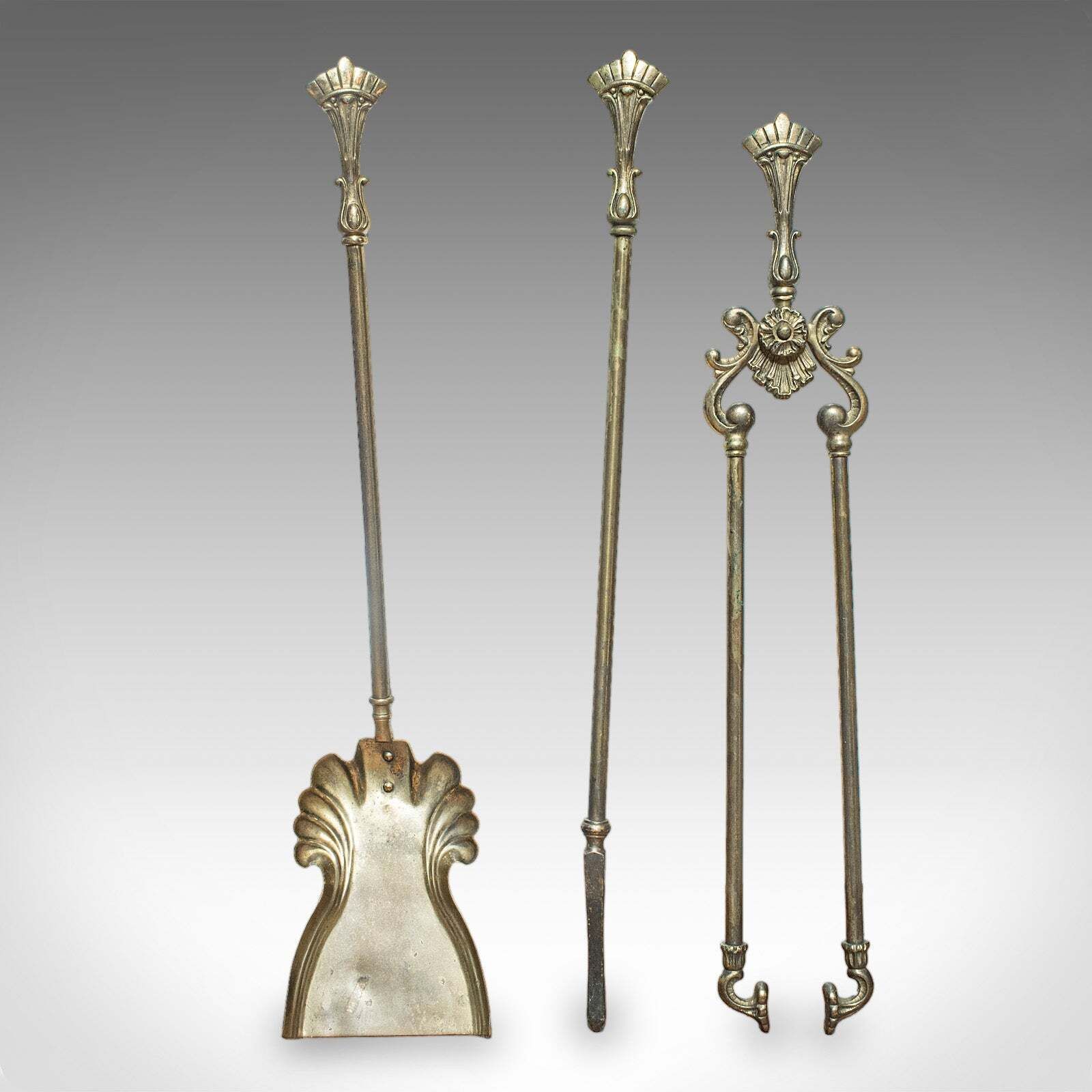 Set Of 3 Antique Fireside Tools, English, Tongs, Poker, Art Nouveau, Victorian photo for sale