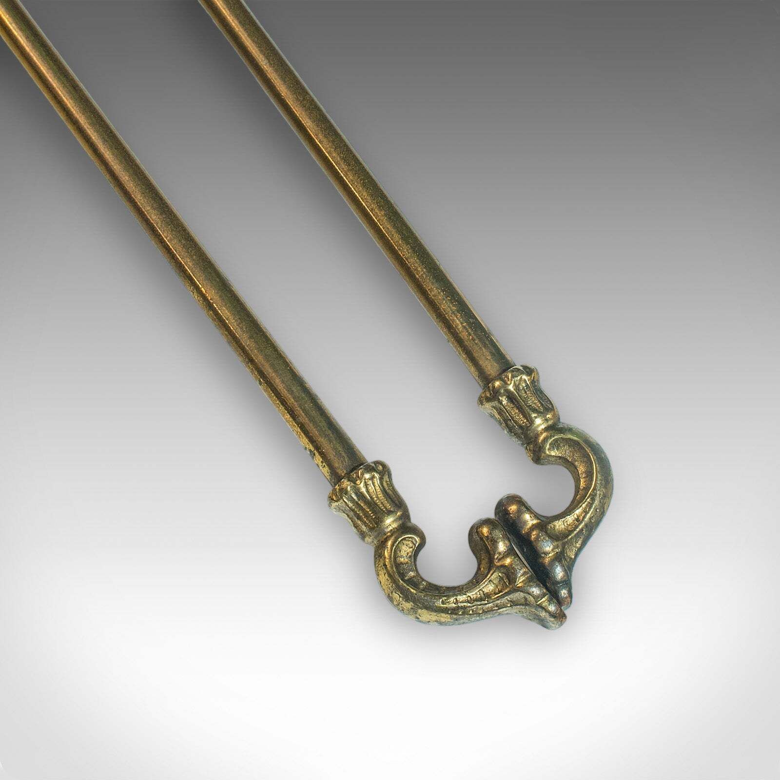 photo for sale Set Of 3 Antique Fireside Tools, English, Tongs, Poker, Art Nouveau, Victorian