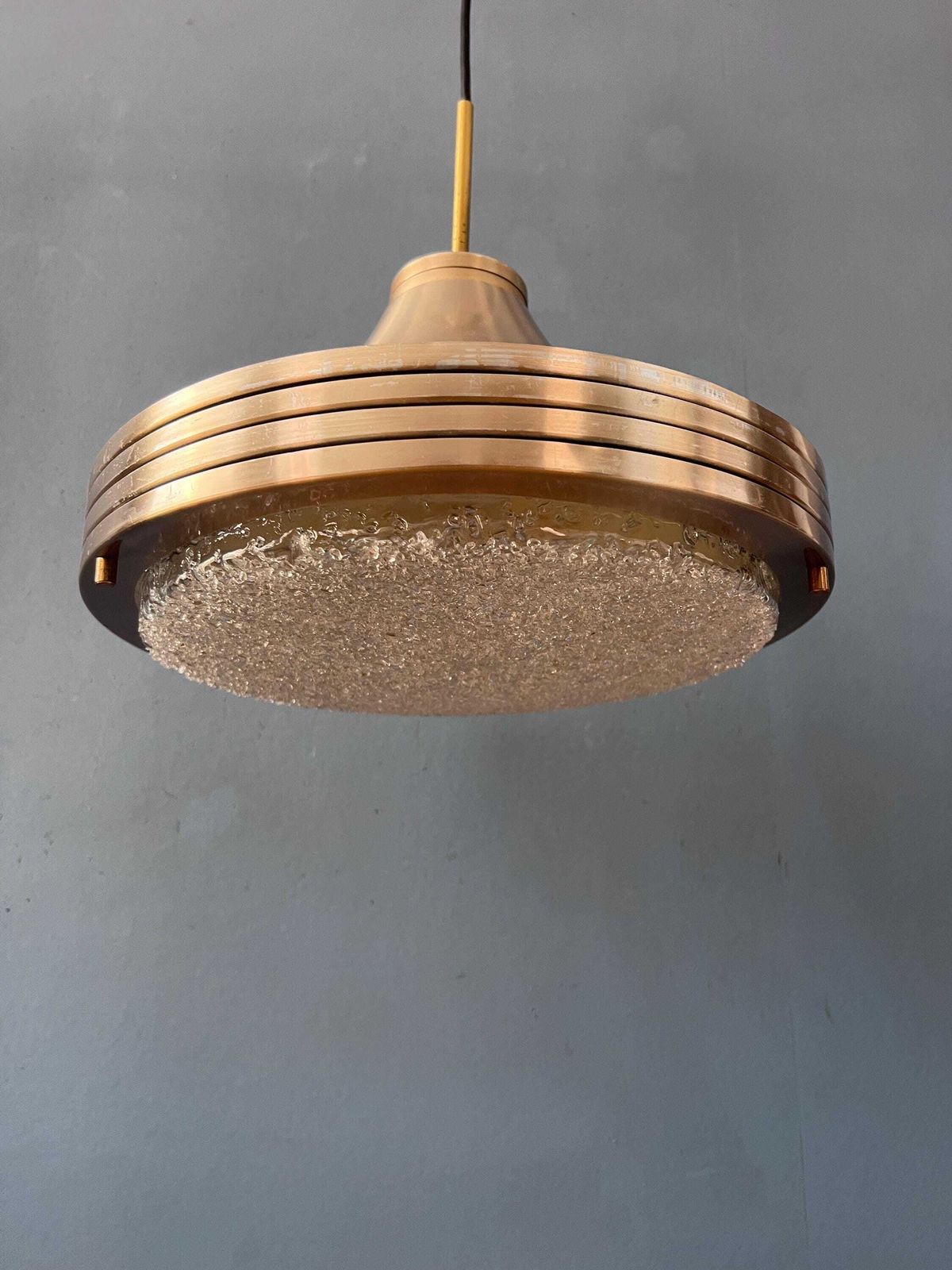 photo for sale Mid Century Brushed Aluminium Crystal Glass Pendant Light