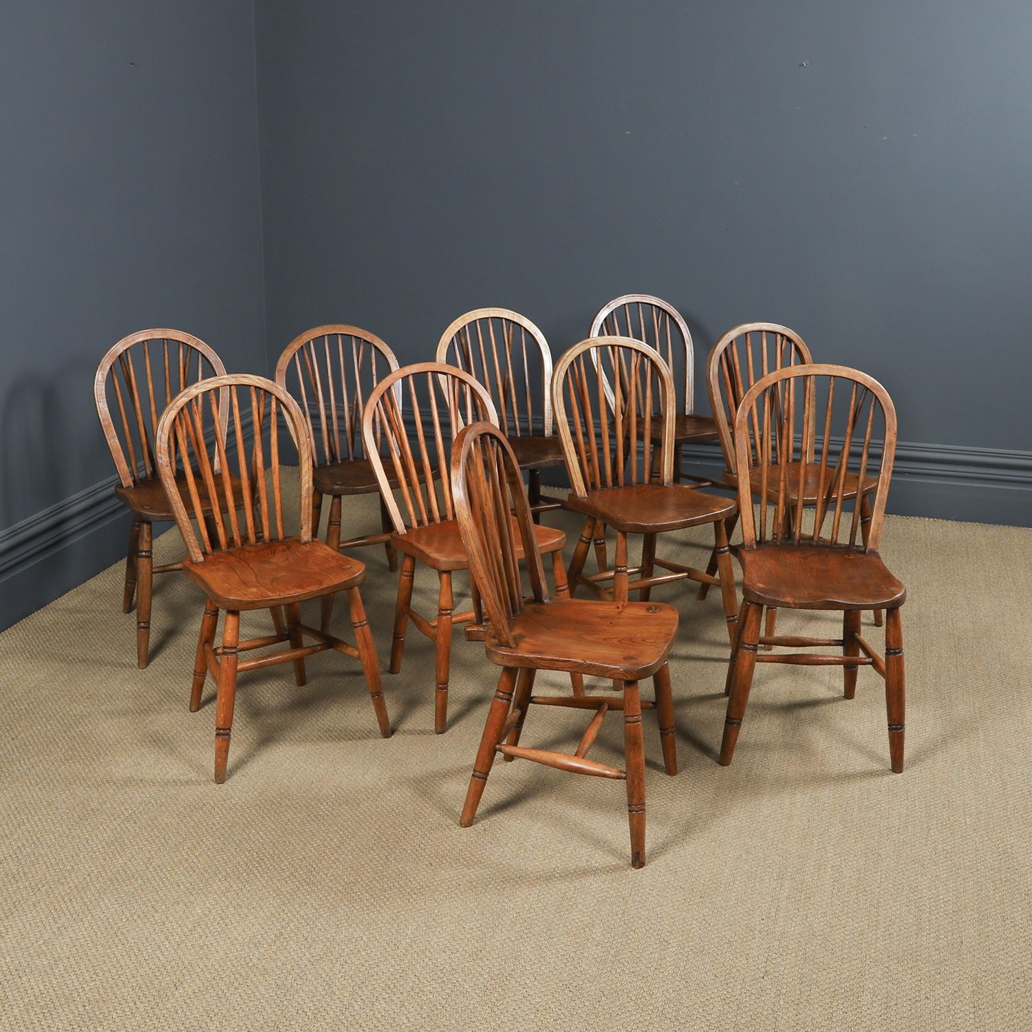 Set Of 10 Ash & Elm Windsor Hoop & Stick Back Dining Chairs (Circa 1910) photo Furniture