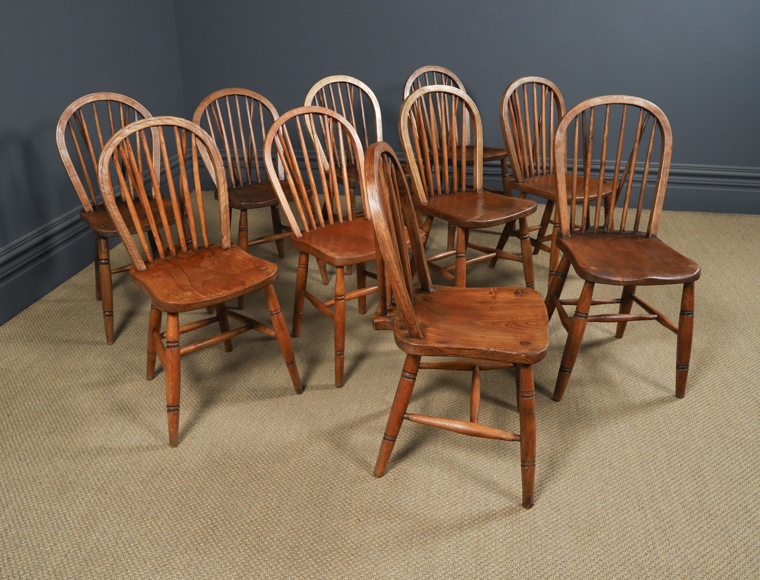 Set Of 10 Ash & Elm Windsor Hoop & Stick Back Dining Chairs (Circa 1910) photo 3850.0