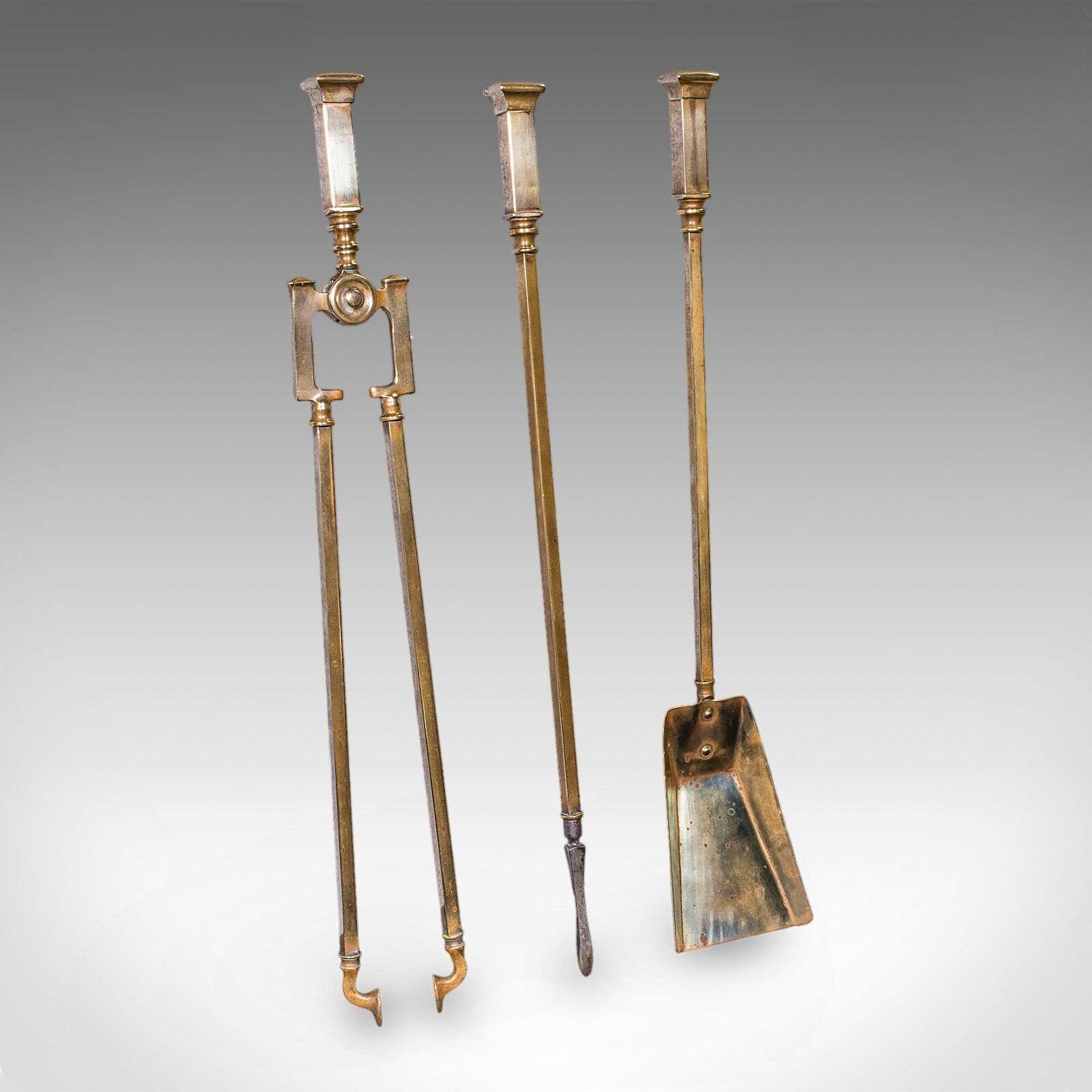 Trio Of Antique Fireside Tools, English, Brass, Poker, Tongs, Shovel, Victorian