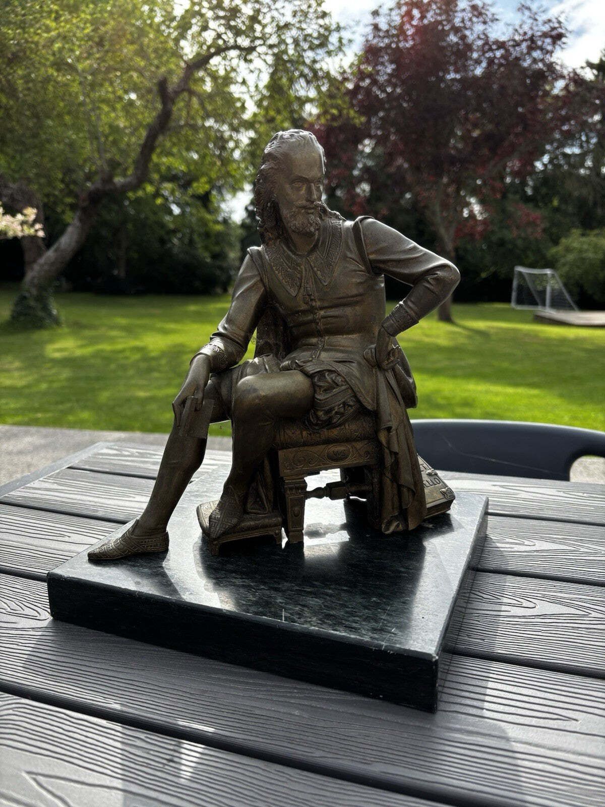 Art Victorian Gilt Bronze Figure Of William Shakespeare On Green Marble Base. photo