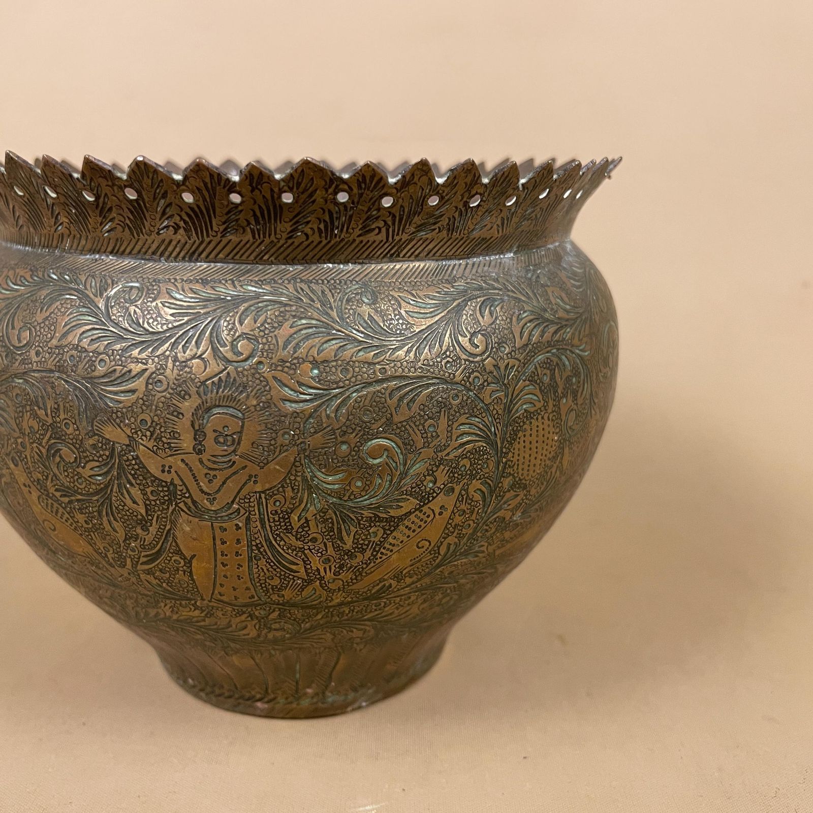 Antique Metal Gold Indian Patterned Brass Plant Pot Planter Jardiniere Asian Handmade Engraved Etched Intricate Vintage Urn Decorative India photo Home Decor
