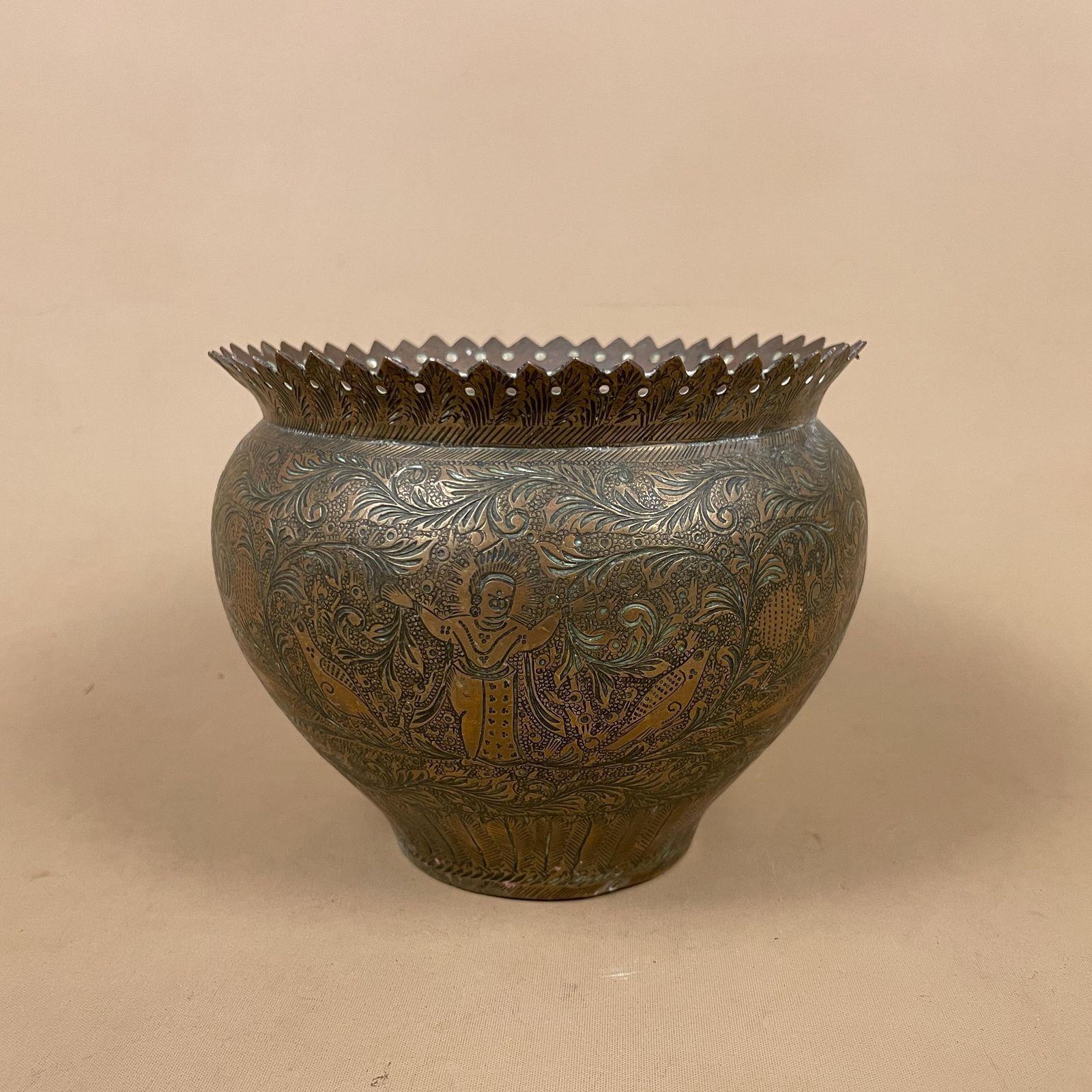 Antique Metal Gold Indian Patterned Brass Plant Pot Planter Jardiniere Asian Handmade Engraved Etched Intricate Vintage Urn Decorative India photo 65.0