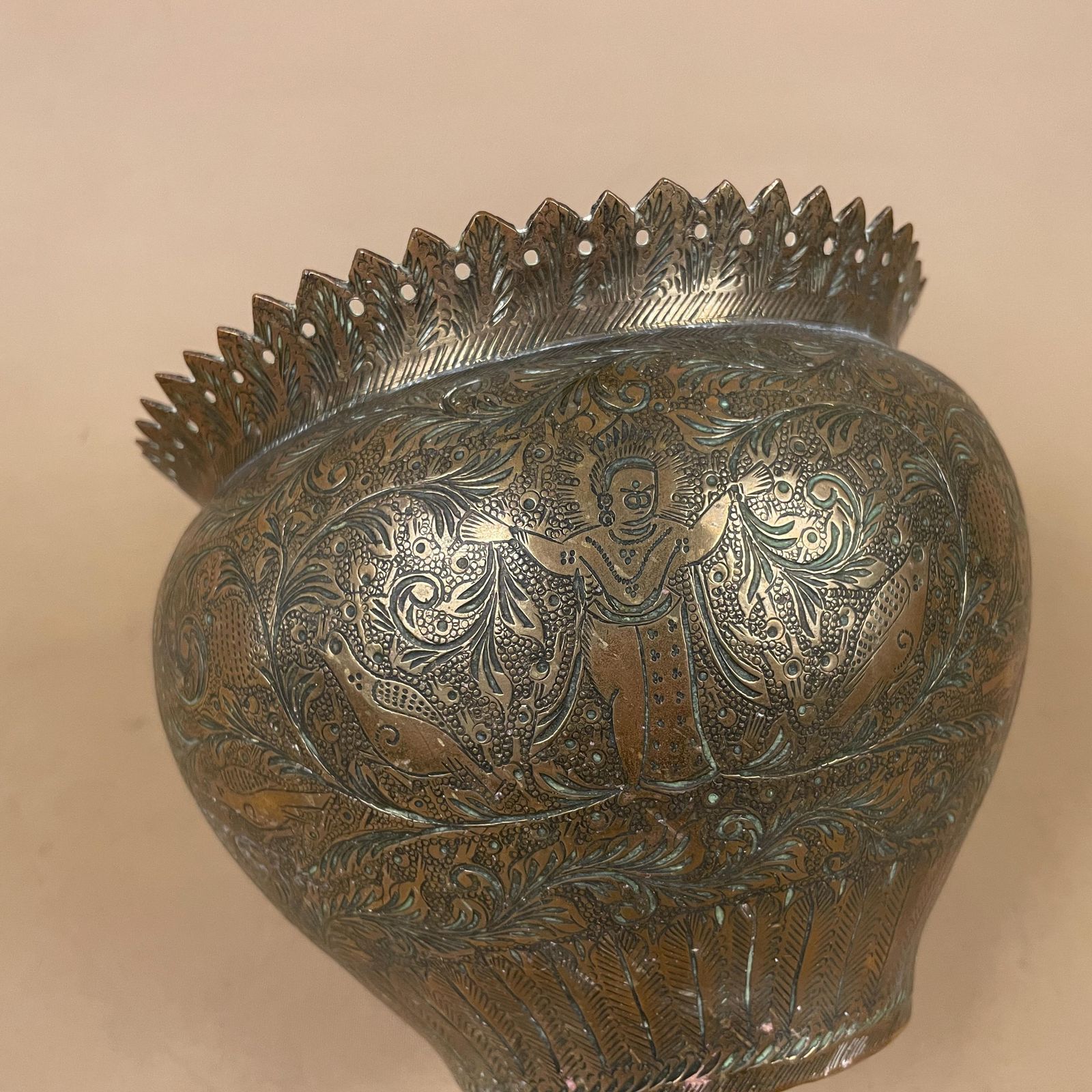 photo for sale Antique Metal Gold Indian Patterned Brass Plant Pot Planter Jardiniere Asian Handmade Engraved Etched Intricate Vintage Urn Decorative India