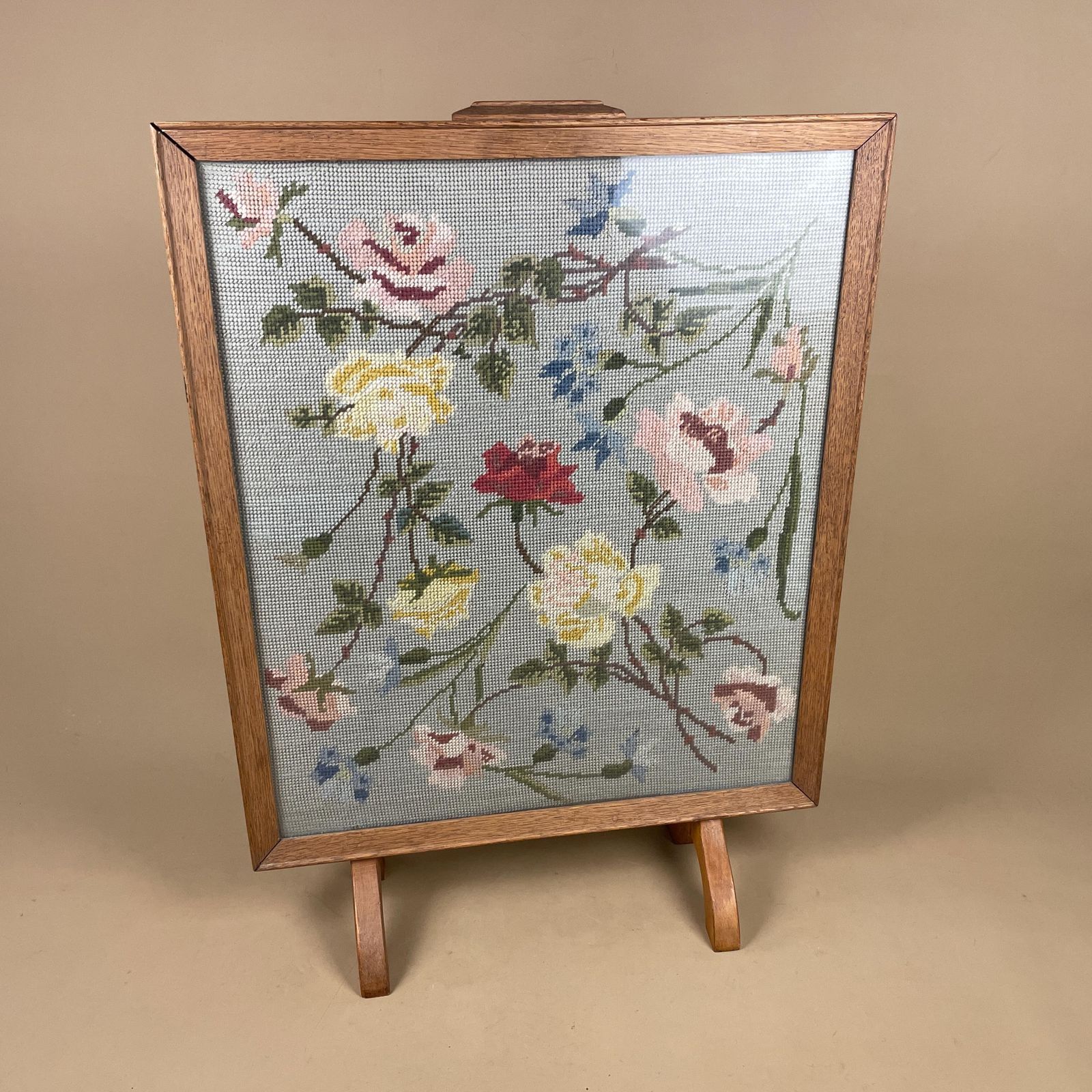Embroidered Fire Screen Wooden Frame Floral Fabric Panel Country House Needlework Arts And Crafts Fireplace Fireguard Antique Victorian Blue