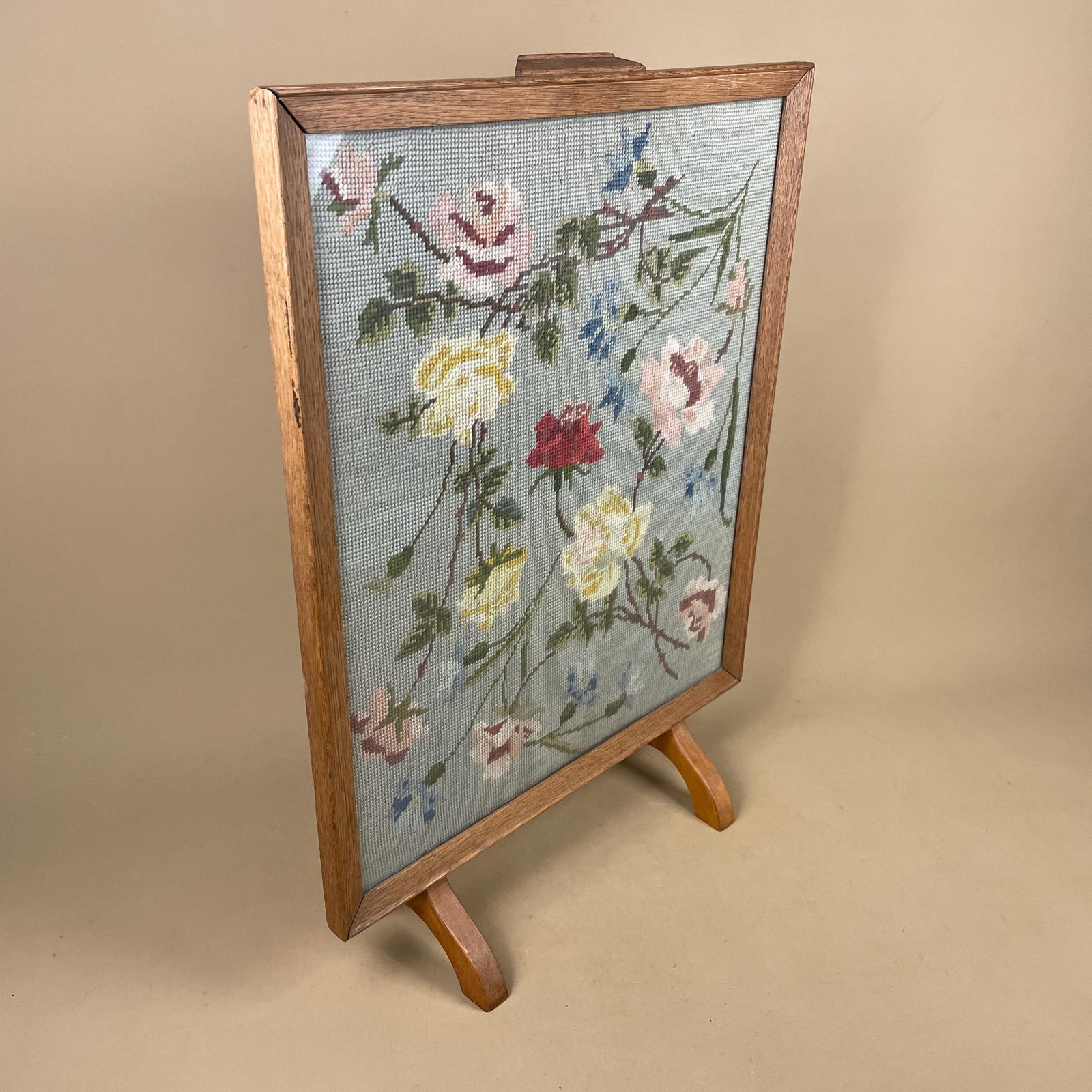 Embroidered Fire Screen Wooden Frame Floral Fabric Panel Country House Needlework Arts And Crafts Fireplace Fireguard Antique Victorian Blue photo furniture