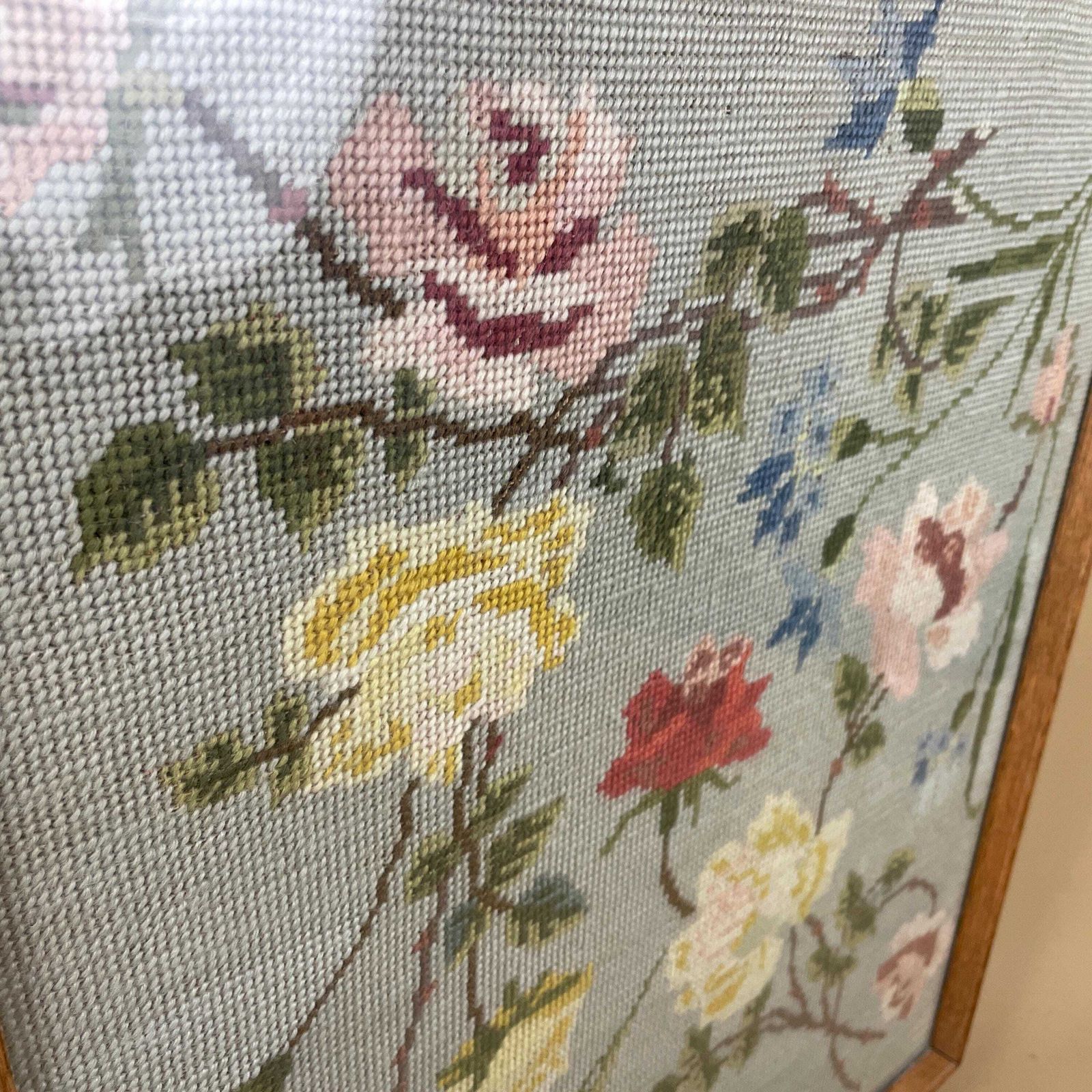 Embroidered Fire Screen Wooden Frame Floral Fabric Panel Country House Needlework Arts And Crafts Fireplace Fireguard Antique Victorian Blue photo 129.0