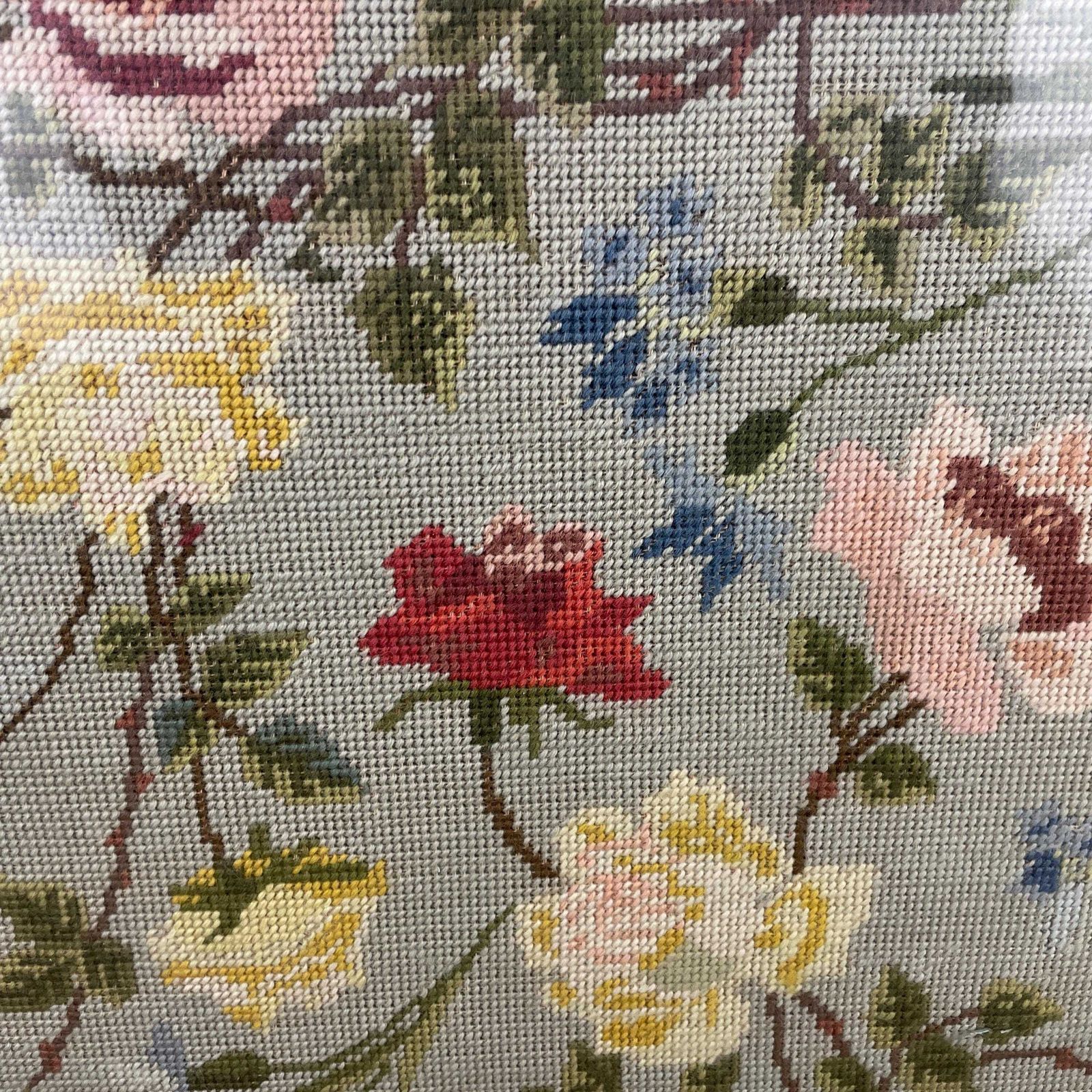 129.0 Embroidered Fire Screen Wooden Frame Floral Fabric Panel Country House Needlework Arts And Crafts Fireplace Fireguard Antique Victorian Blue photo