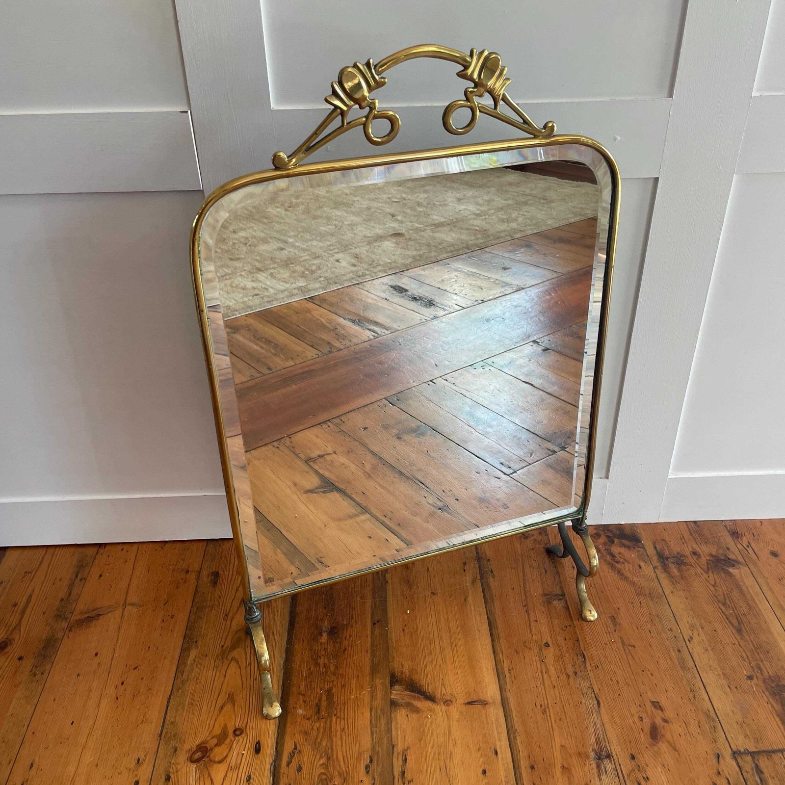 Art Nouveau Antique Fireguard Fireplace Screen Gold Brass Metal Frame Vintage Fire Guard Mirror Victorian Ornate Freestanding Detail