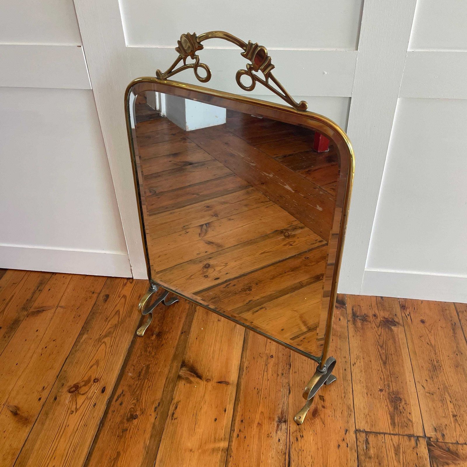 photo for sale Art Nouveau Antique Fireguard Fireplace Screen Gold Brass Metal Frame Vintage Fire Guard Mirror Victorian Ornate Freestanding Detail