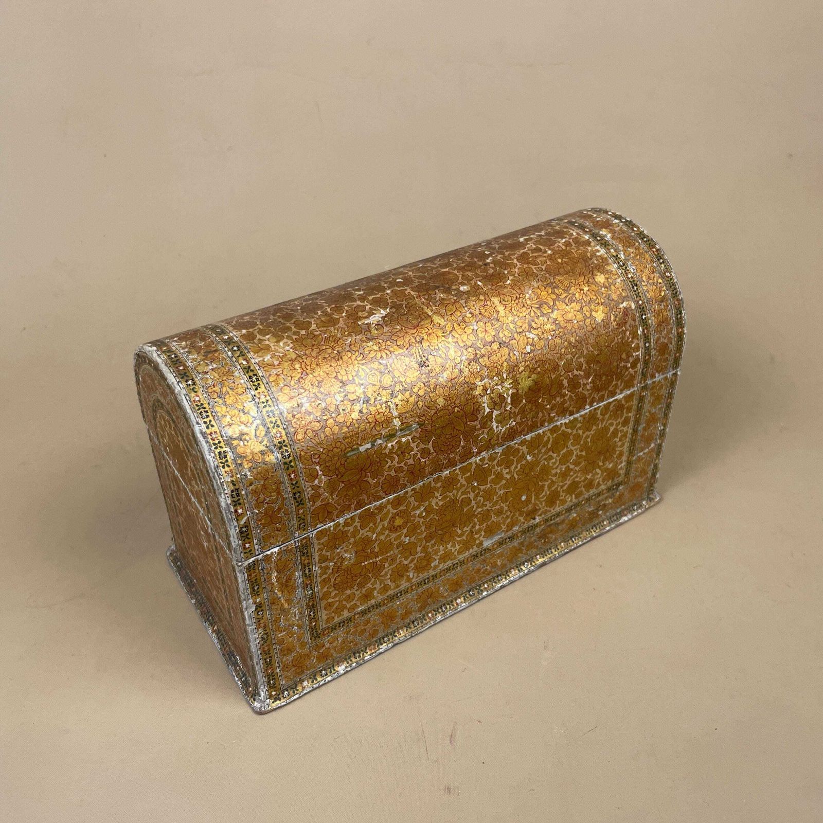 Kashmiri Paper Mache Domed Box Hand Painted Floral Lidded Keepsake Trinket Vintage Indian Antique Gold Patterned Antique Display Slots photo 139.0