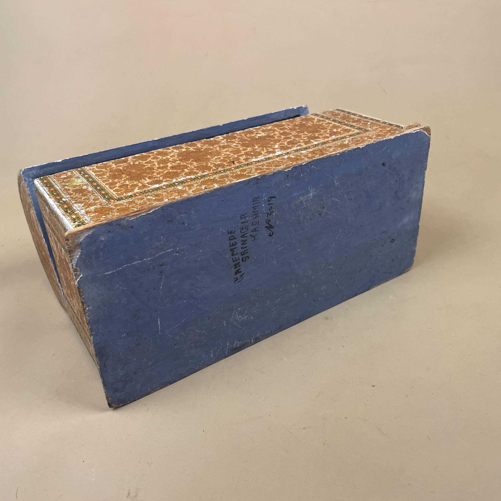 photo for sale Kashmiri Paper Mache Domed Box Hand Painted Floral Lidded Keepsake Trinket Vintage Indian Antique Gold Patterned Antique Display Slots