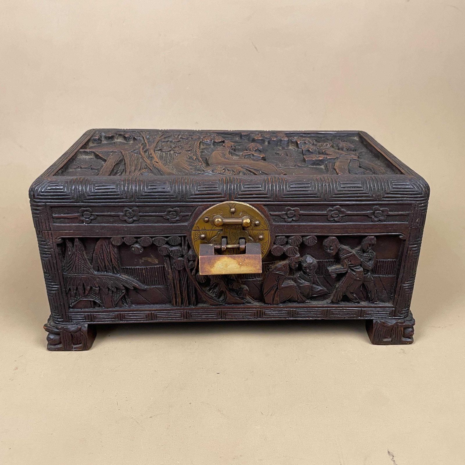 Oriental Wooden Box Trinket Jewellery Storage Keepsake Brown Wood Gold Brass Lock And Key Metal Trims Rectangle Antique Carved Pattern photo furniture