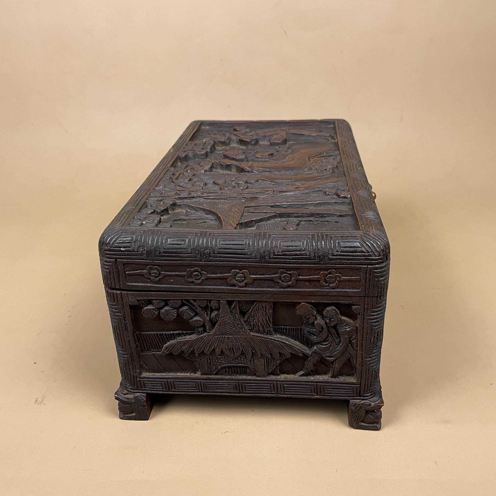 Oriental Wooden Box Trinket Jewellery Storage Keepsake Brown Wood Gold Brass Lock And Key Metal Trims Rectangle Antique Carved Pattern photo vinterior