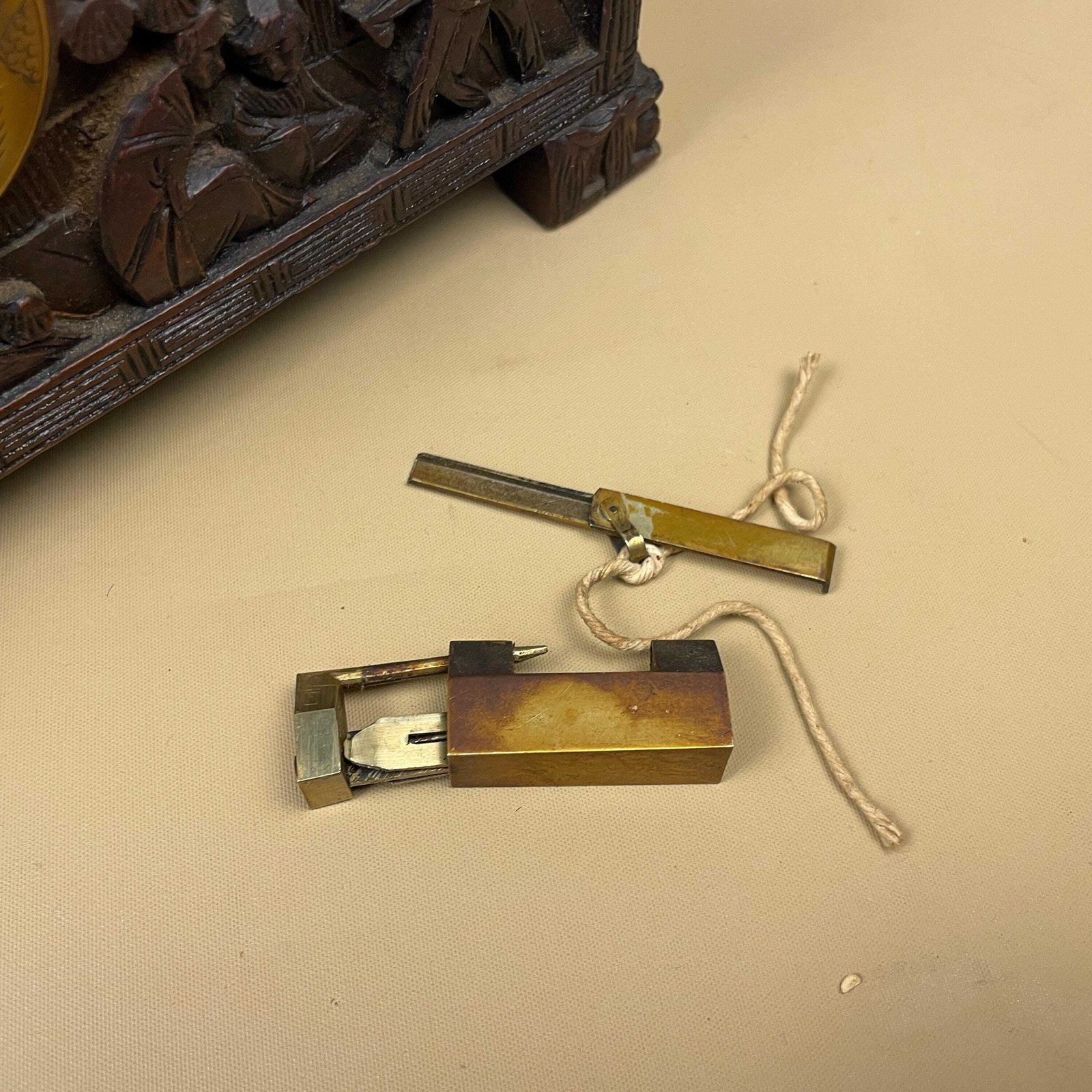 photo for sale Oriental Wooden Box Trinket Jewellery Storage Keepsake Brown Wood Gold Brass Lock And Key Metal Trims Rectangle Antique Carved Pattern