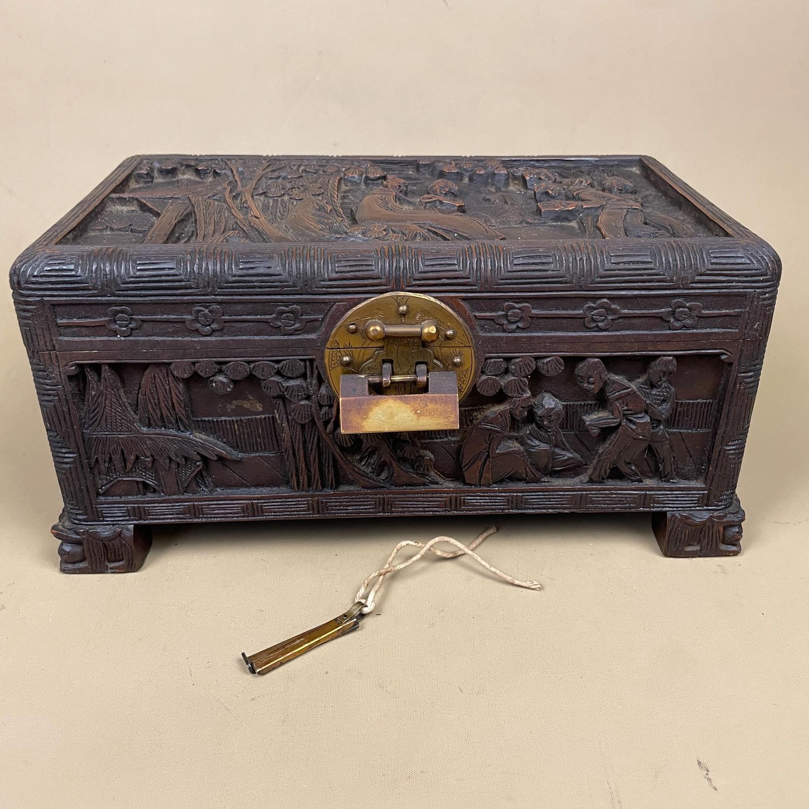 Home Decor Oriental Wooden Box Trinket Jewellery Storage Keepsake Brown Wood Gold Brass Lock And Key Metal Trims Rectangle Antique Carved Pattern photo