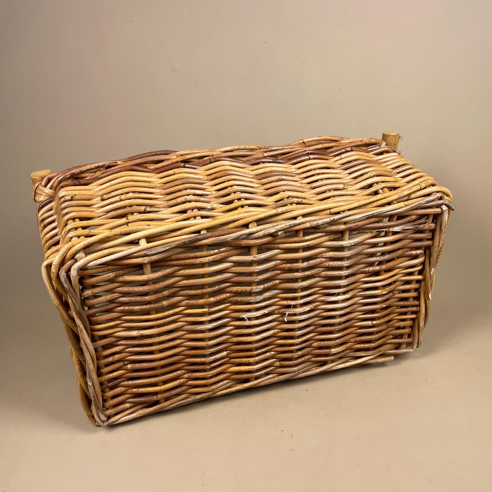 Rectangle Basket Woven Wicker Vintage Log Storage Wood Bar Ends Handles Wooden Cottage Farmhouse Brown Antique photo buy