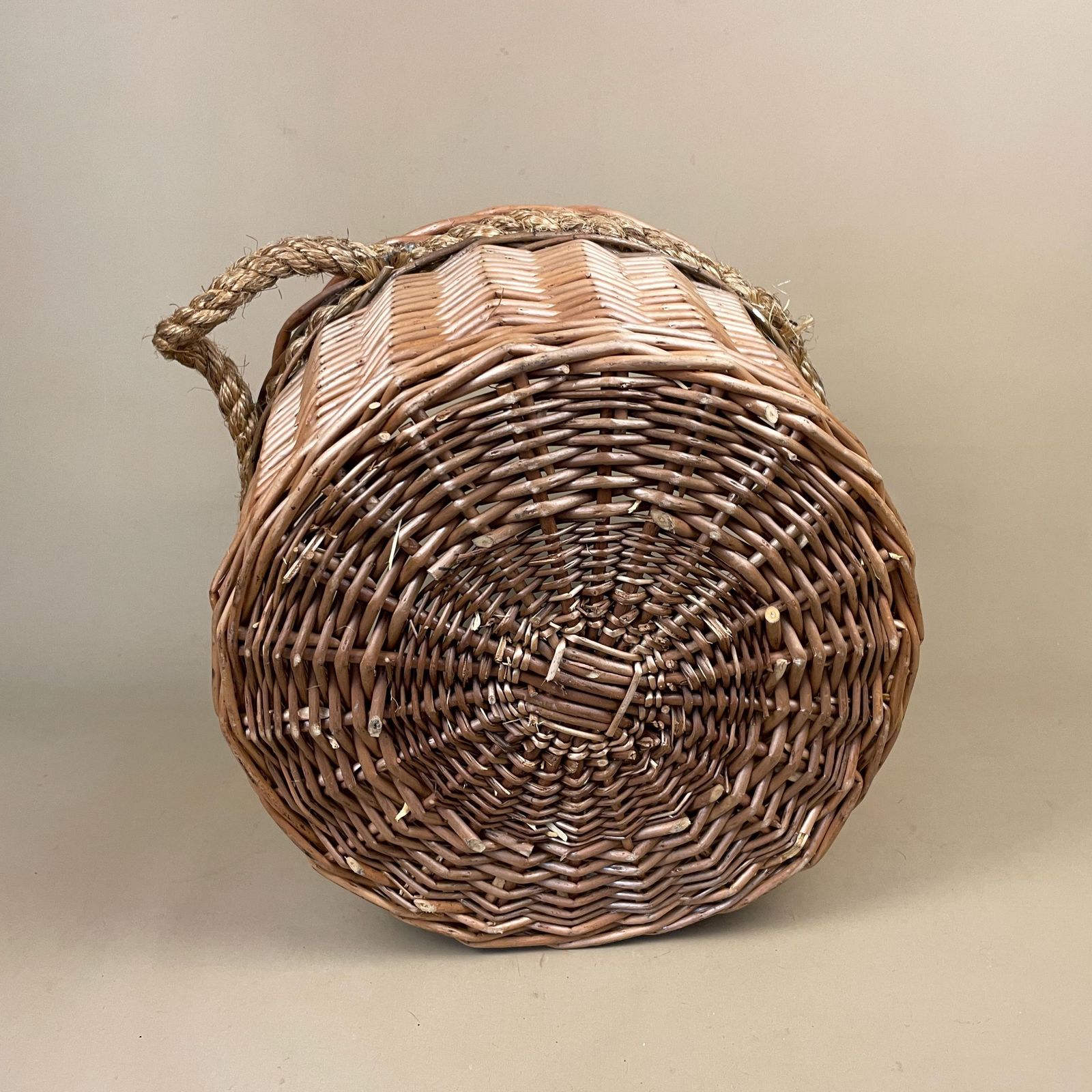Vintage Round Basket Woven Wicker Brown Antique Cylinder Storage Farmhouse Cottage Decor Laundry Cane Wood Logs Fireplace Rope Handles photo buy