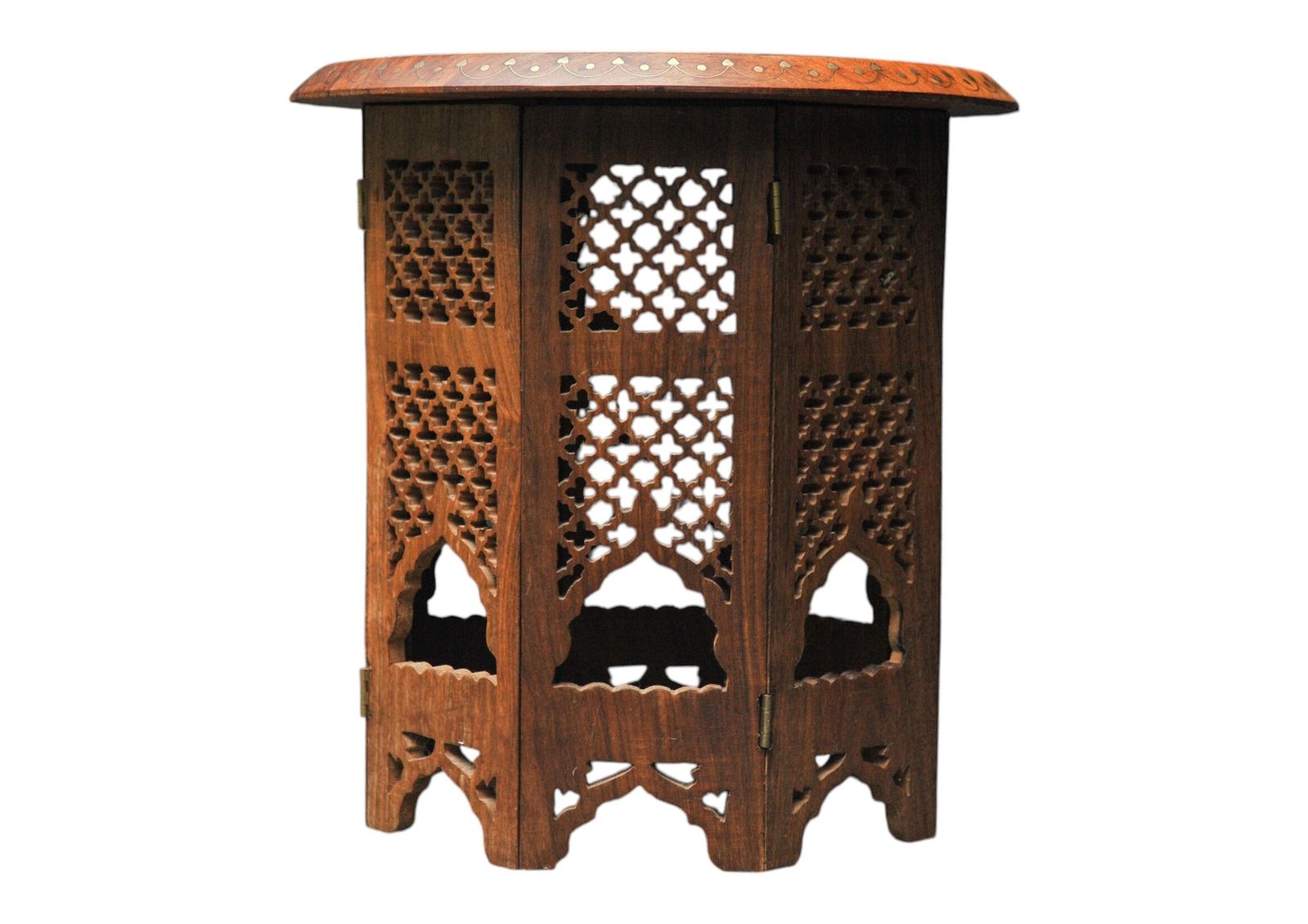 Antique Middle Eastern Circular Carved Table With Repetitive Brass Floral Patterns. photo for sale