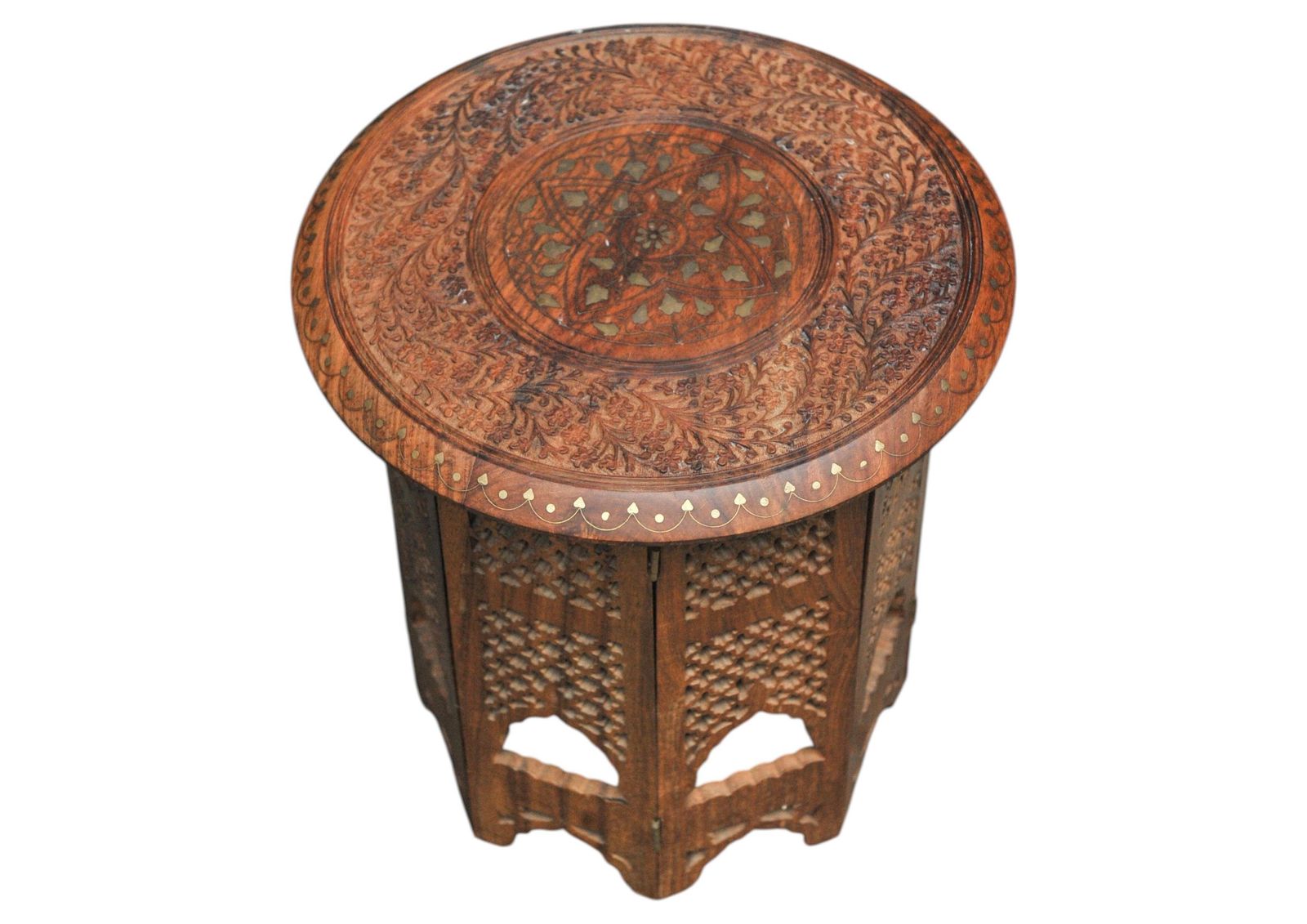 Antique Middle Eastern Circular Carved Table With Repetitive Brass Floral Patterns. photo 1490.0