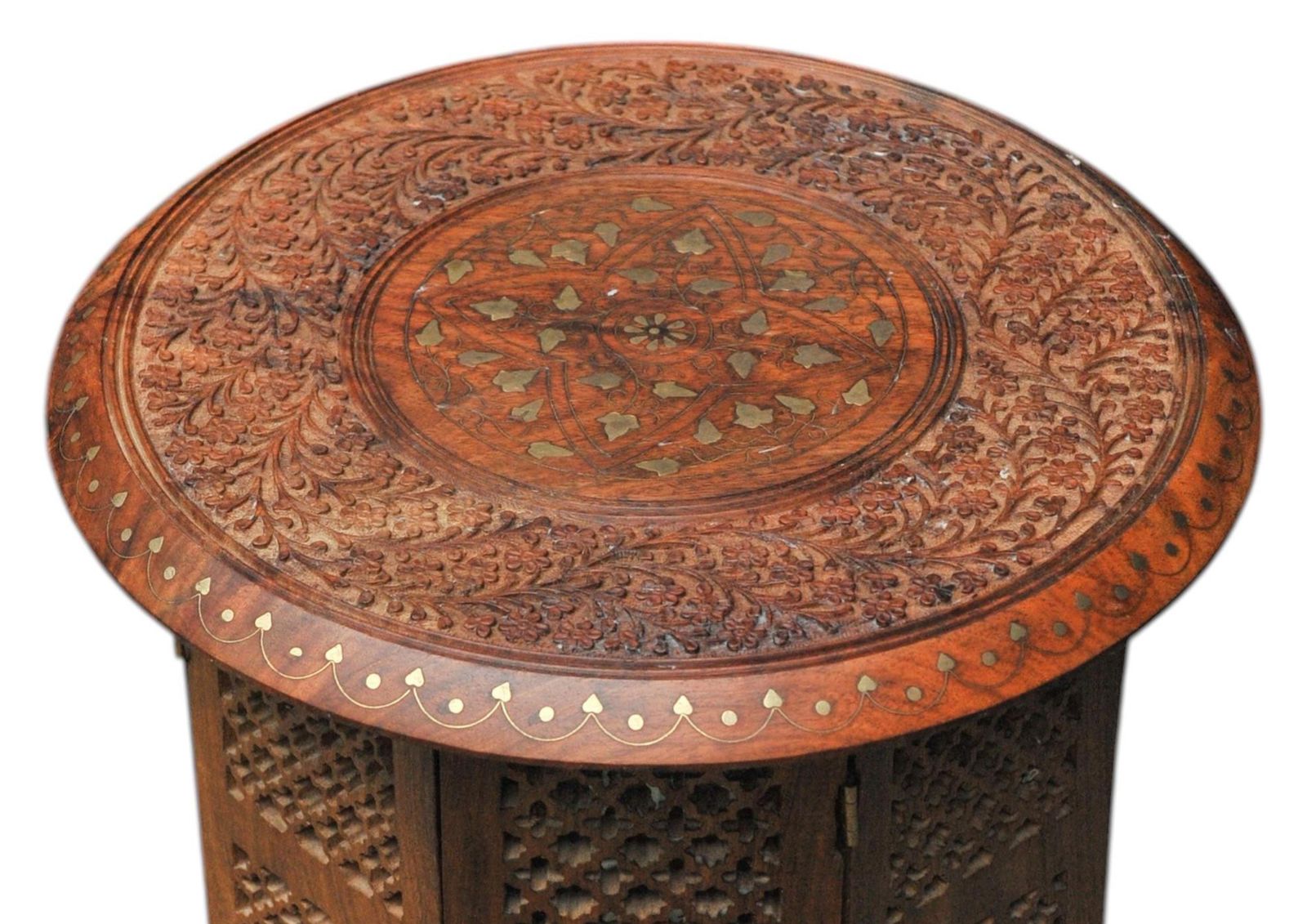 Antique Middle Eastern Circular Carved Table With Repetitive Brass Floral Patterns. photo vinterior