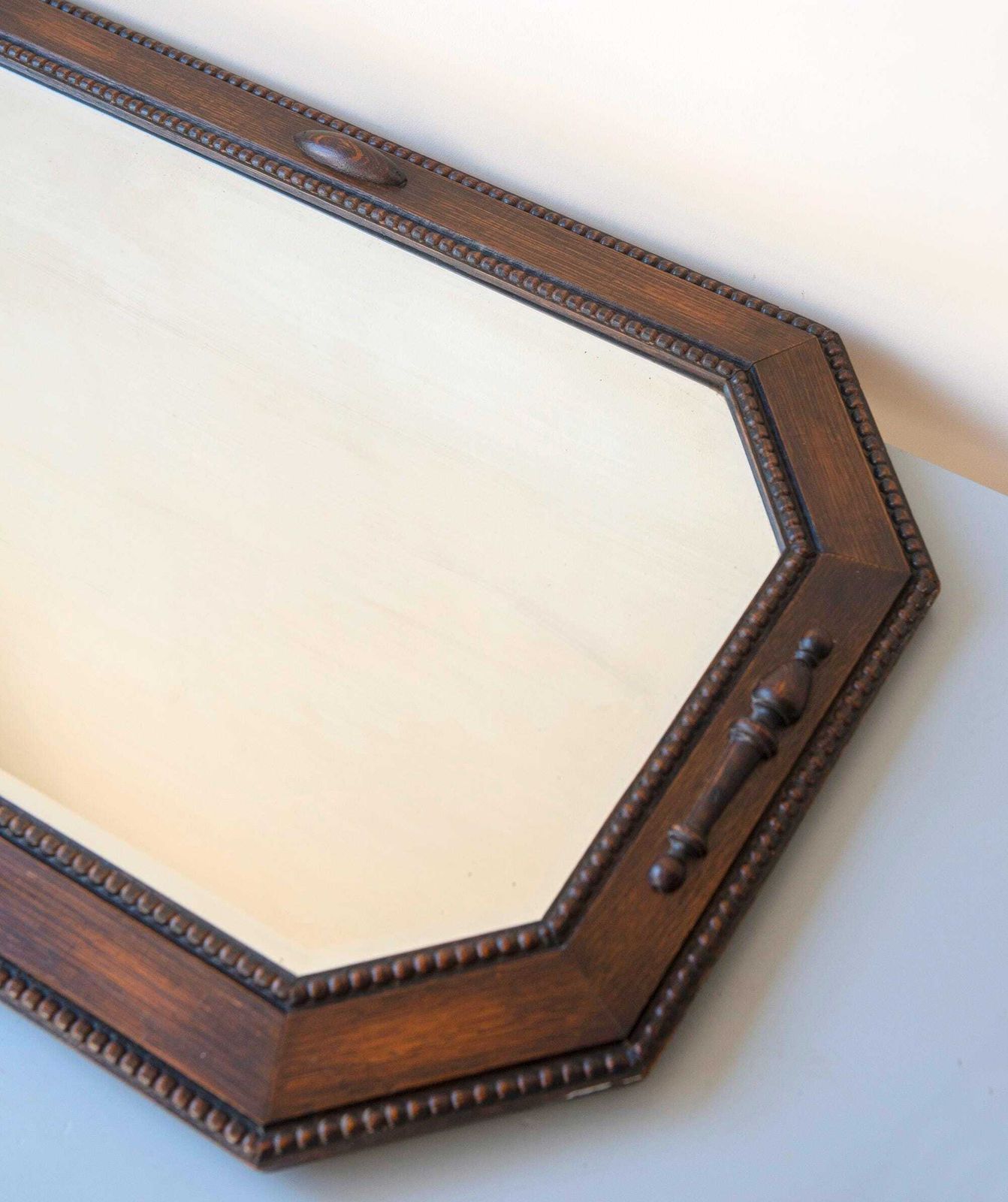 photo vintage Art Deco Dutch Oak Wall Mirror   Large Octagonal Beveled Mirror   1920s Geometric Mantel Mirror