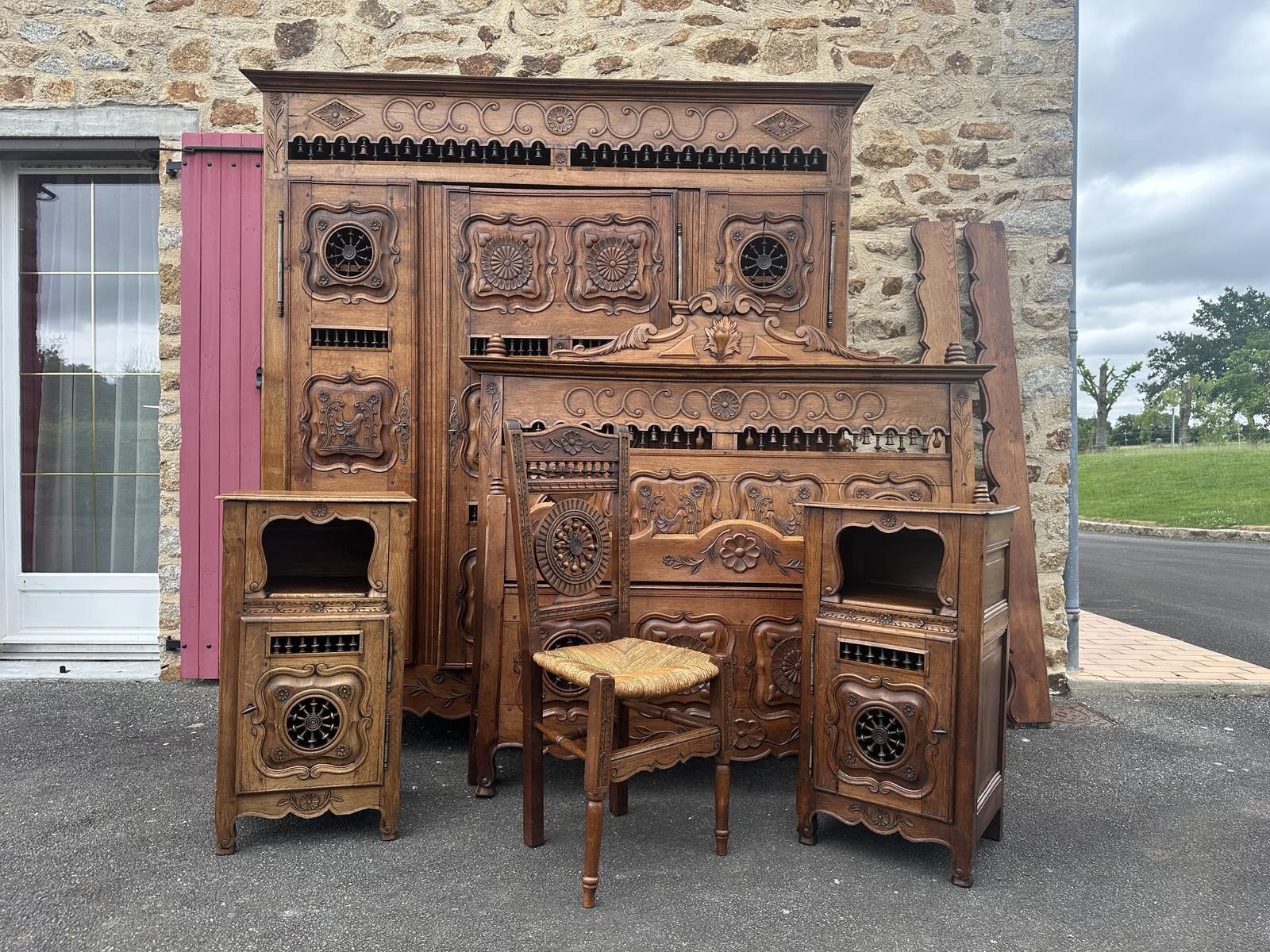 Antique French Breton Carved Oak Bedroom Suite photo furniture