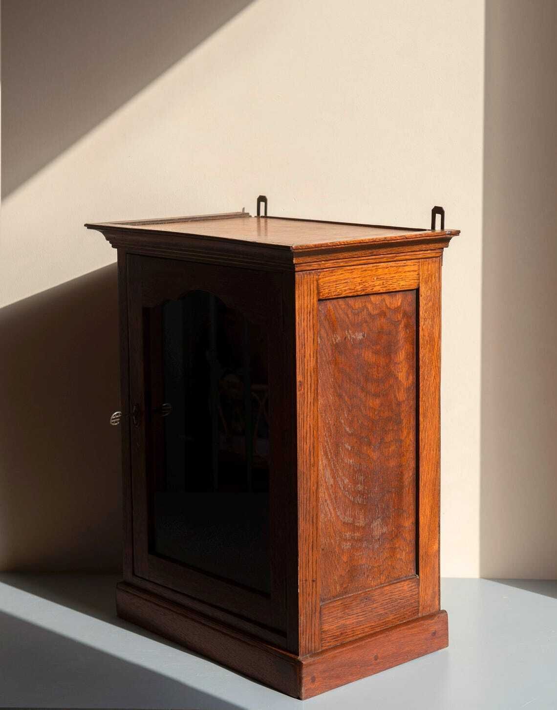 Furniture Antique Oak Wall Cabinet  Glass Door Bathroom Cupboard With Lock  Arts And Crafts Display Case photo