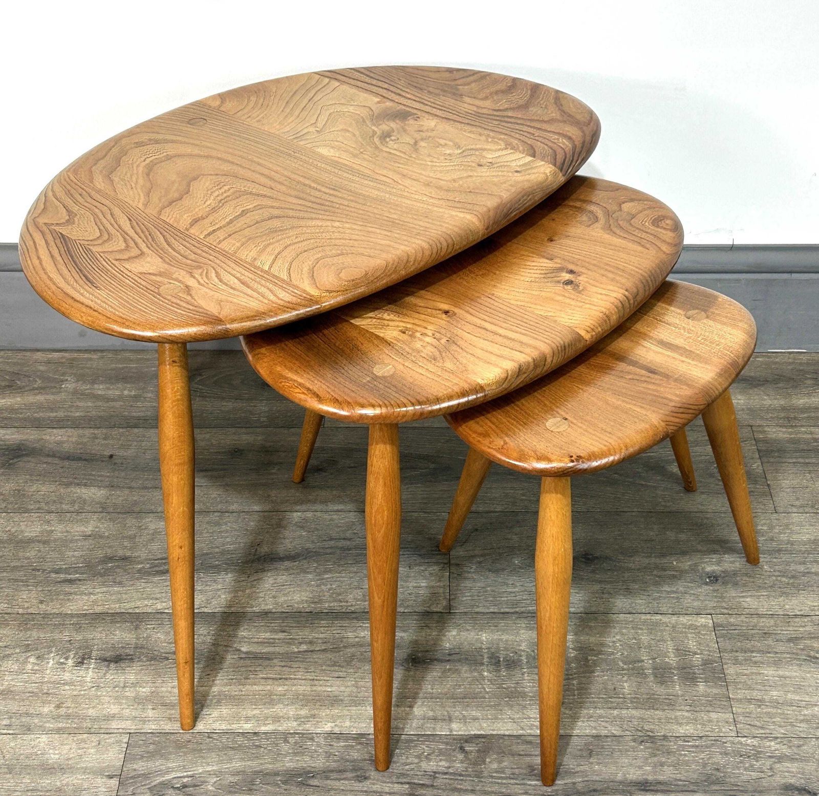 Mid Century 'Blondified' Solid Elm/Beech Nesting Pebble Tables Ercol photo for sale