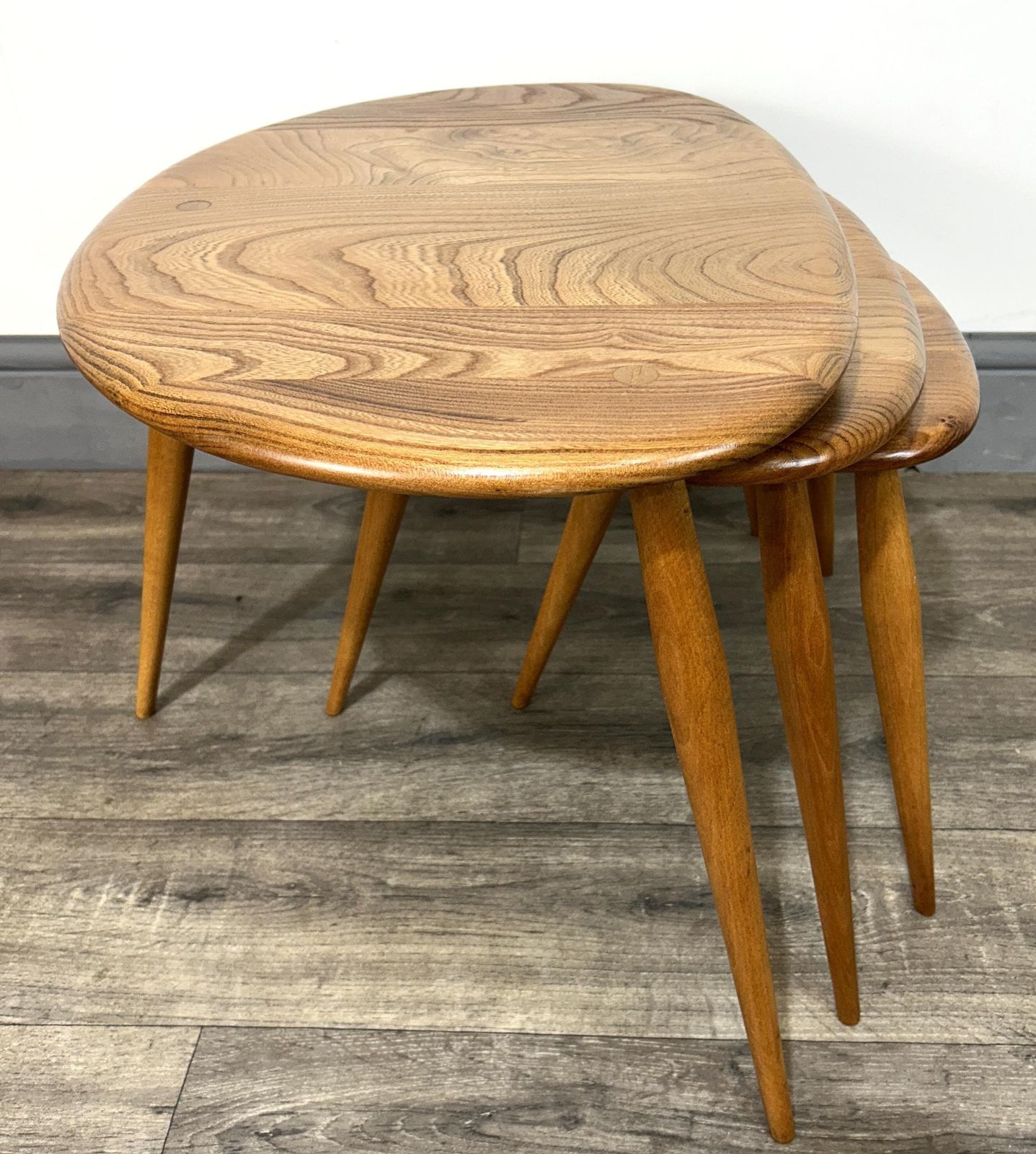 Mid Century 'Blondified' Solid Elm/Beech Nesting Pebble Tables Ercol photo vintage