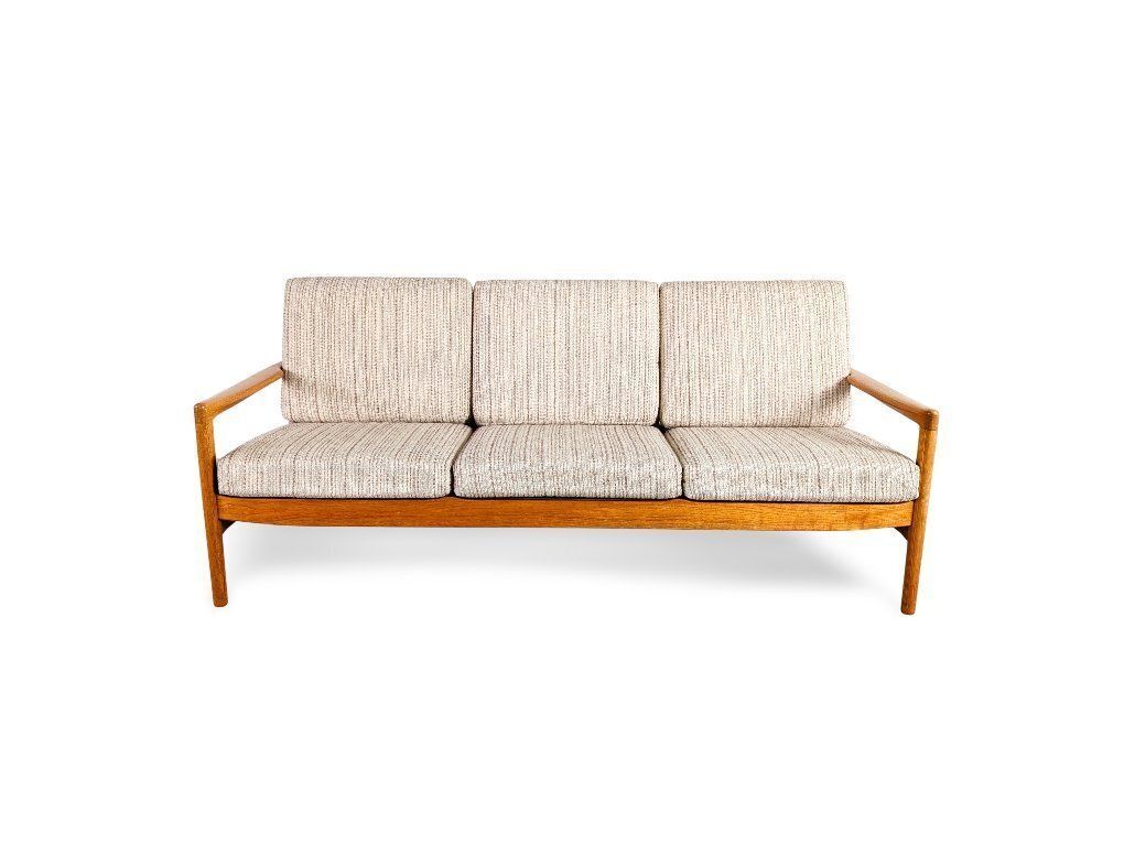 Mid Century Sofa, Driezitsbank, Eiken, Vintage Deens Design