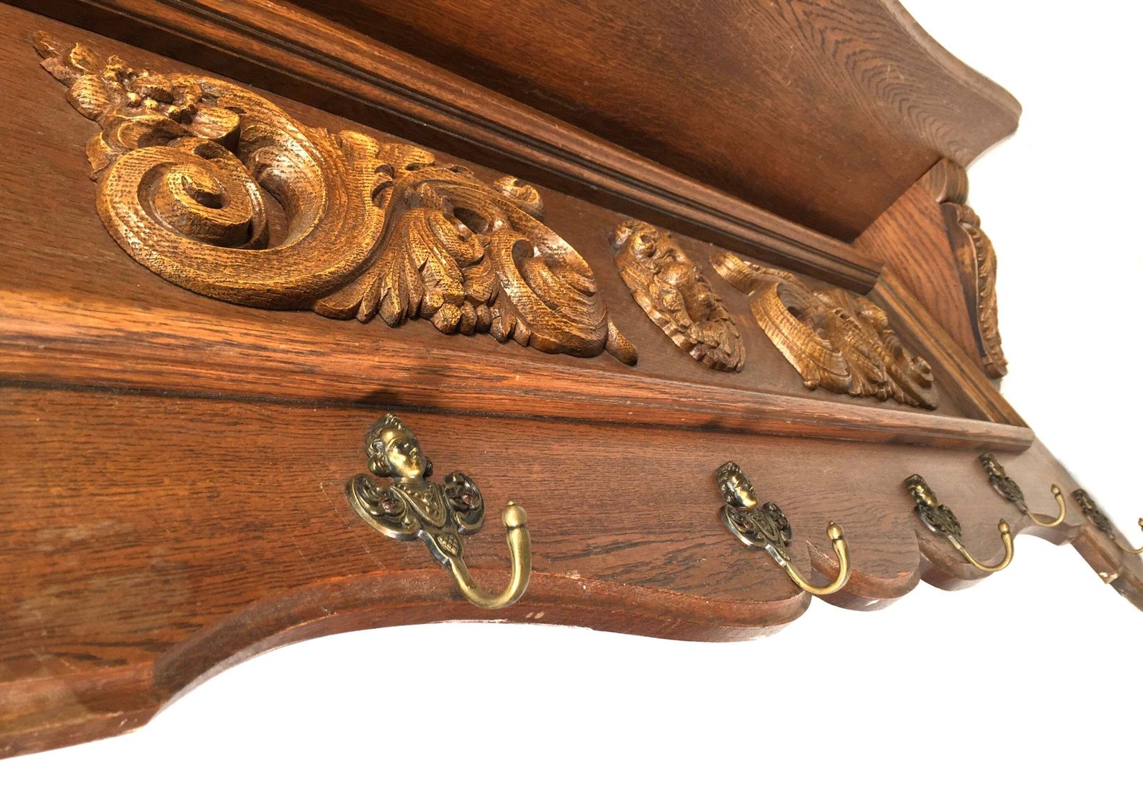 Antique Large Entrance Hall Wooden Oak Wall Mounted Coat Rack & Shelf C.1900 photo for sale