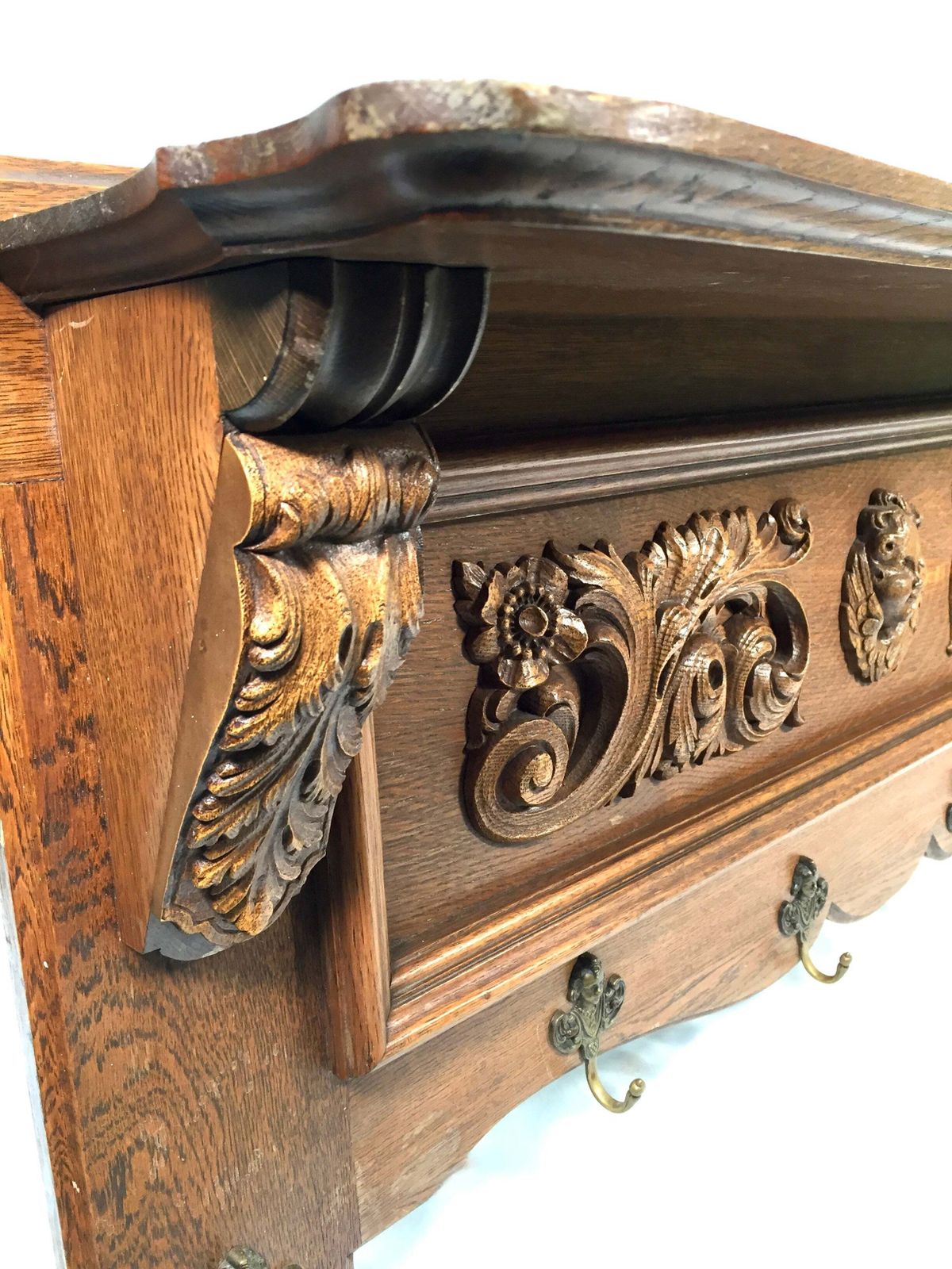 Antique Large Entrance Hall Wooden Oak Wall Mounted Coat Rack & Shelf C.1900 photo vintage