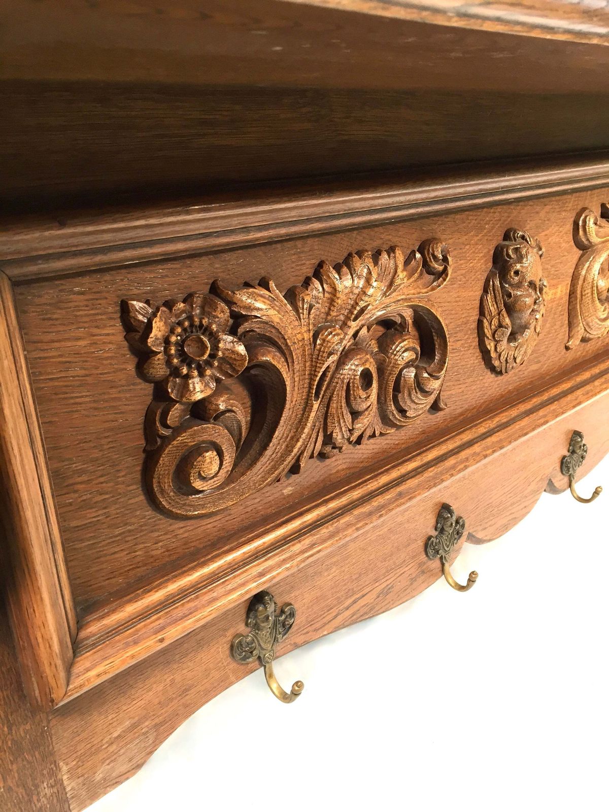 photo furniture Antique Large Entrance Hall Wooden Oak Wall Mounted Coat Rack & Shelf C.1900