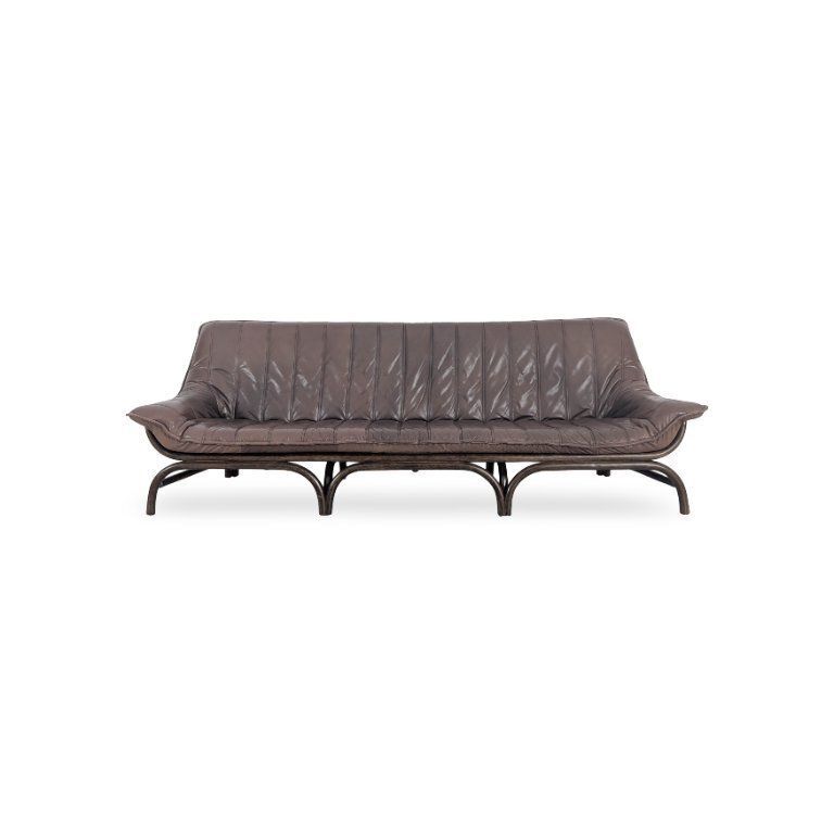 Italiaanse Mid-Century bank – bamboe design, bruin leer