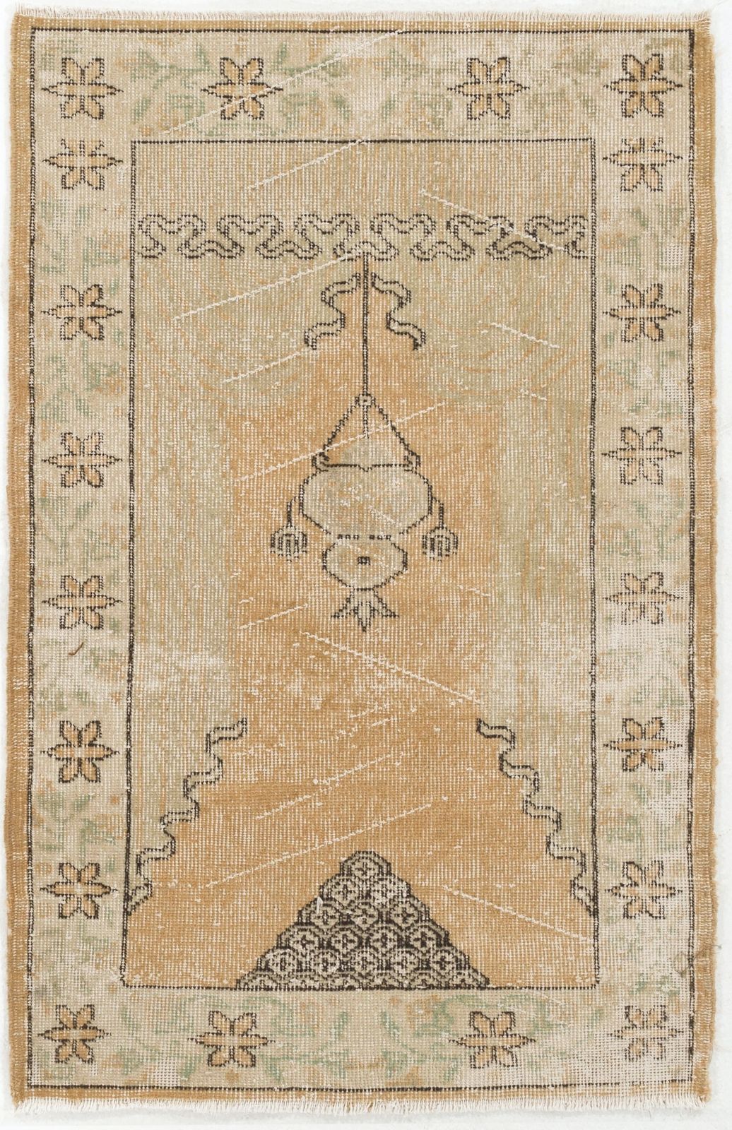80x128 Cm Vintage Hand Knotted Turkish Prayer Rug In Beige And Ochre