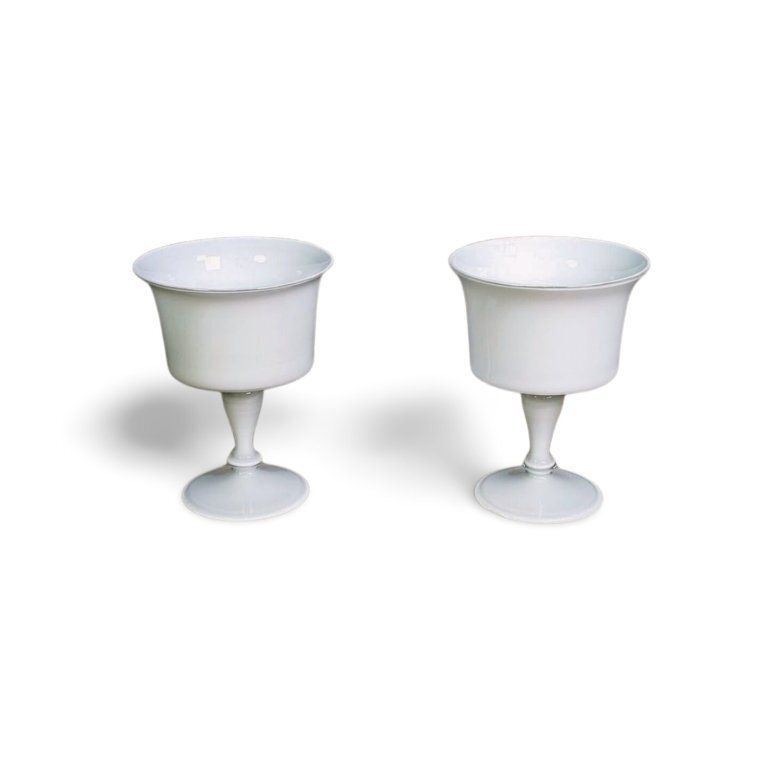 Set Van 2 Vazen, Bokalen, Glazen, Wit, Mid Century, Matglas, Vintage Jaren 1970