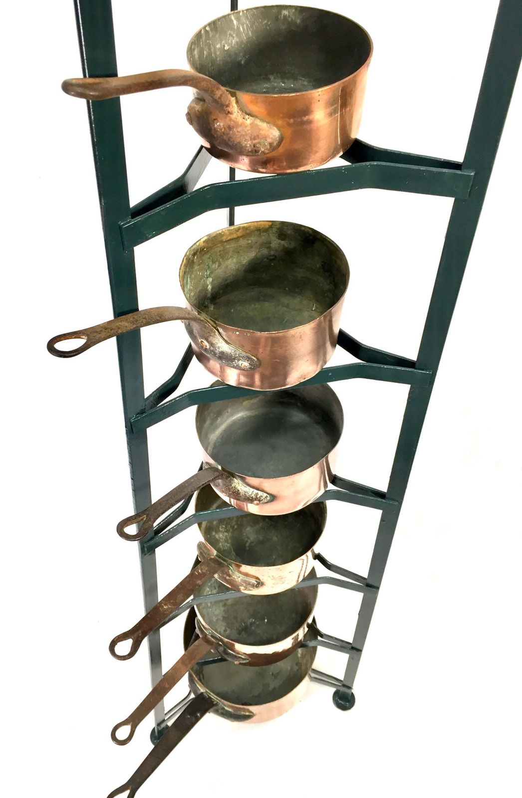 Antique Victorian Kitchen 7 Tier Wrought Iron Stand And Copper Pots / Saucepans photo 595.0