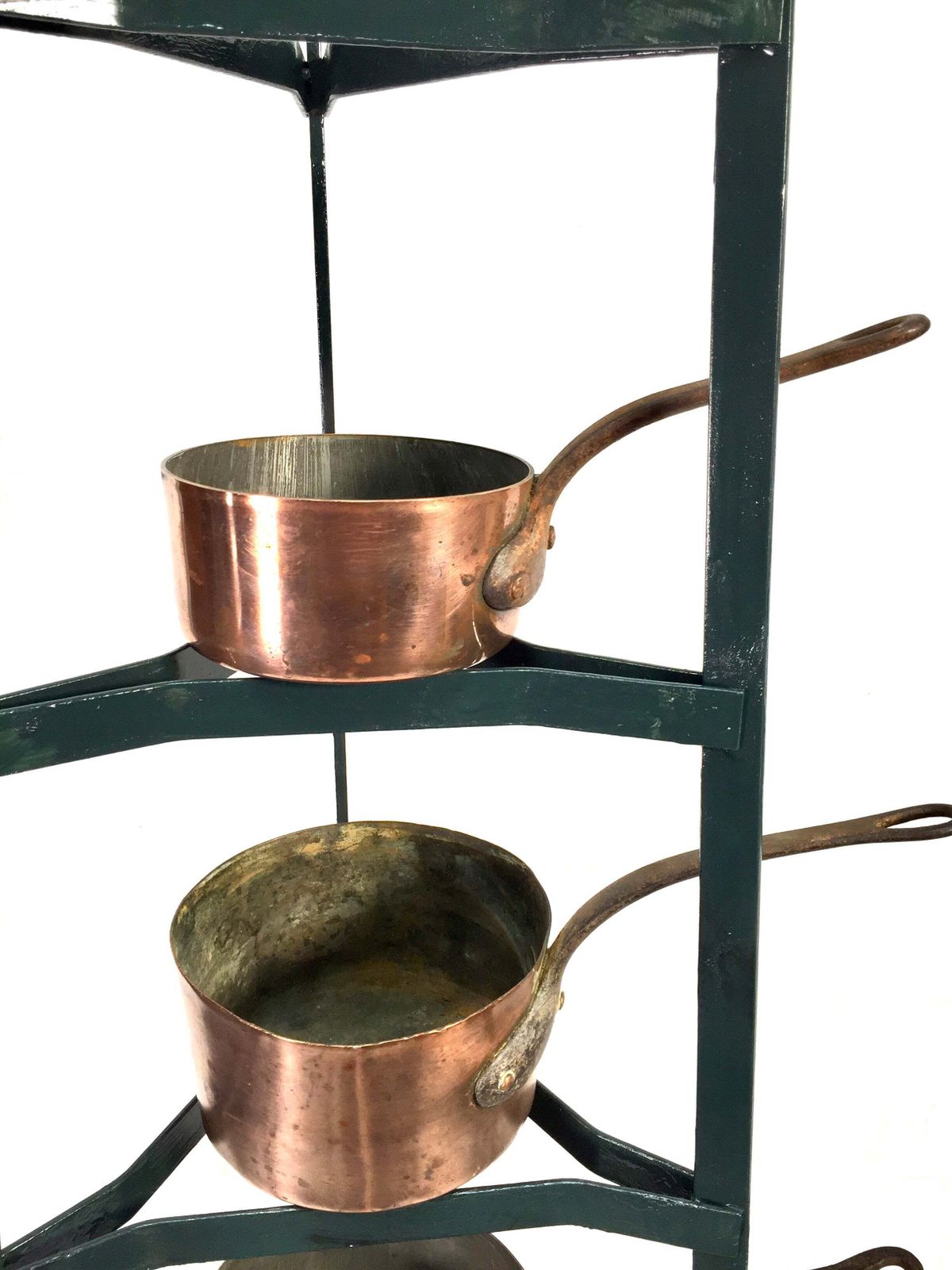 595.0 Antique Victorian Kitchen 7 Tier Wrought Iron Stand And Copper Pots / Saucepans photo