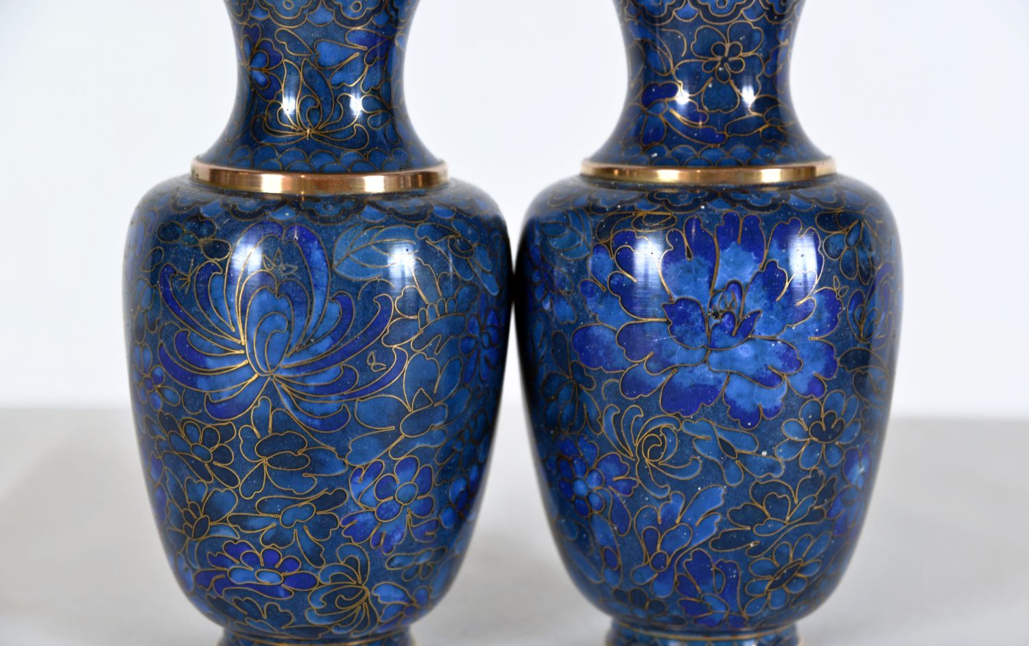 Pair Of Small Japanese Cloisonne Enamel Copper Flower Posy Vases Art Deco 1940s photo vinterior