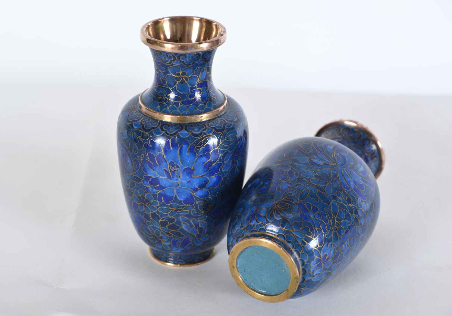 Pair Of Small Japanese Cloisonne Enamel Copper Flower Posy Vases Art Deco 1940s photo vintage
